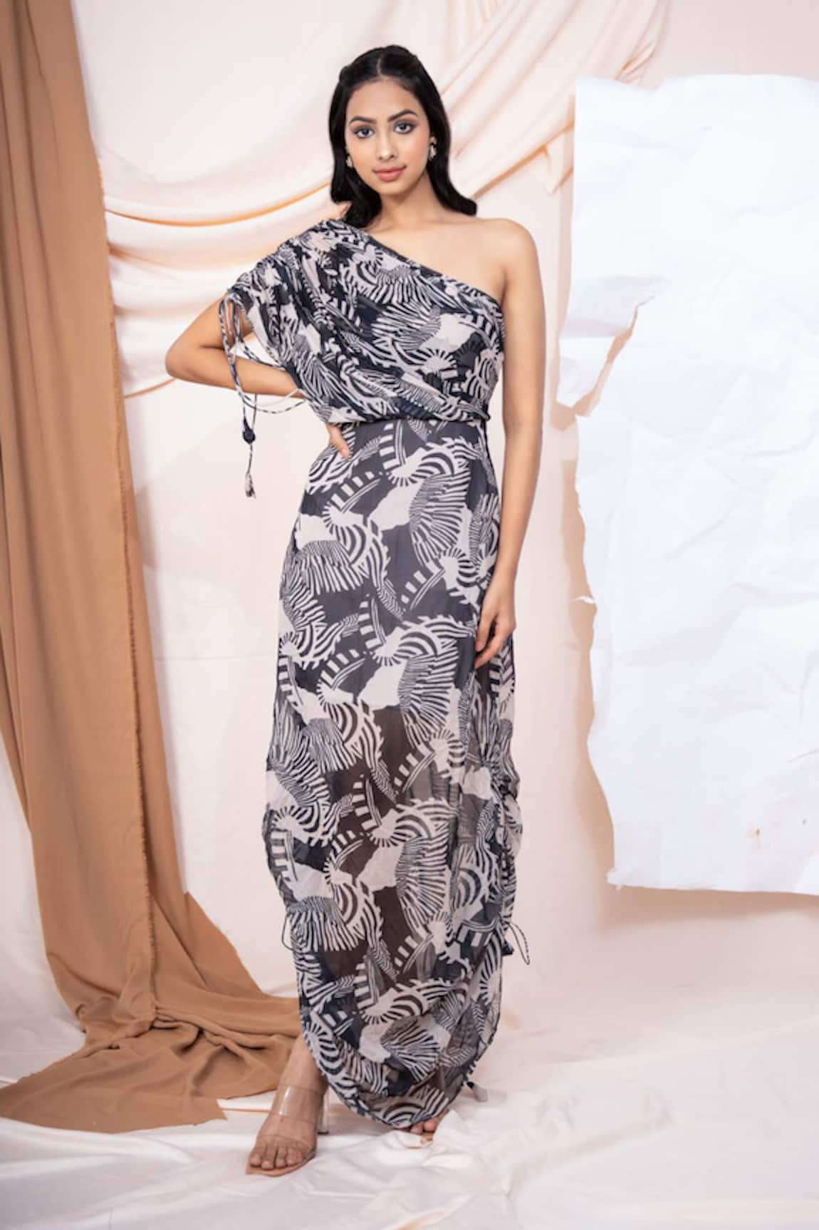 saangi by shubhangi Zebra Print One Shoulder Maxi Dress