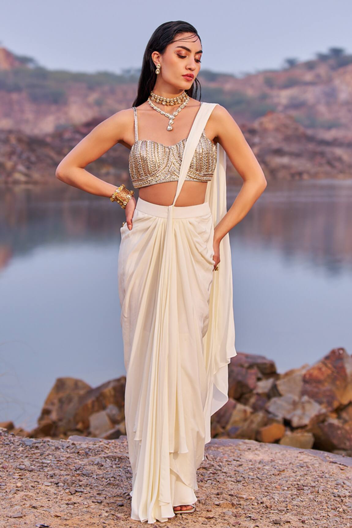 Nidhika Shekhar Sunehri Subh Embroidered Pre-Draped Saree With Blouse