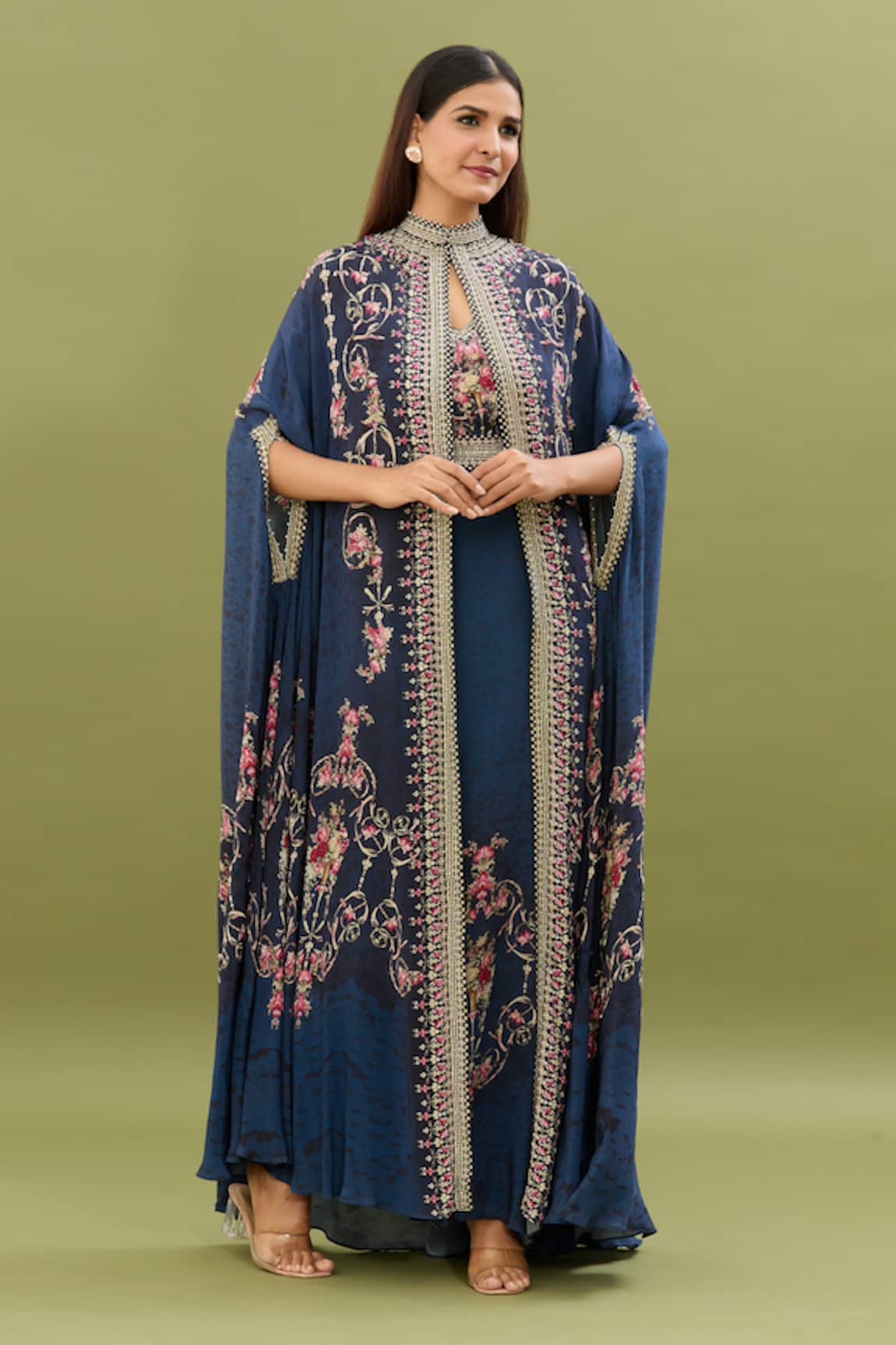 NIRRAAMYAA Floral Jaal Print Cape Kaftan