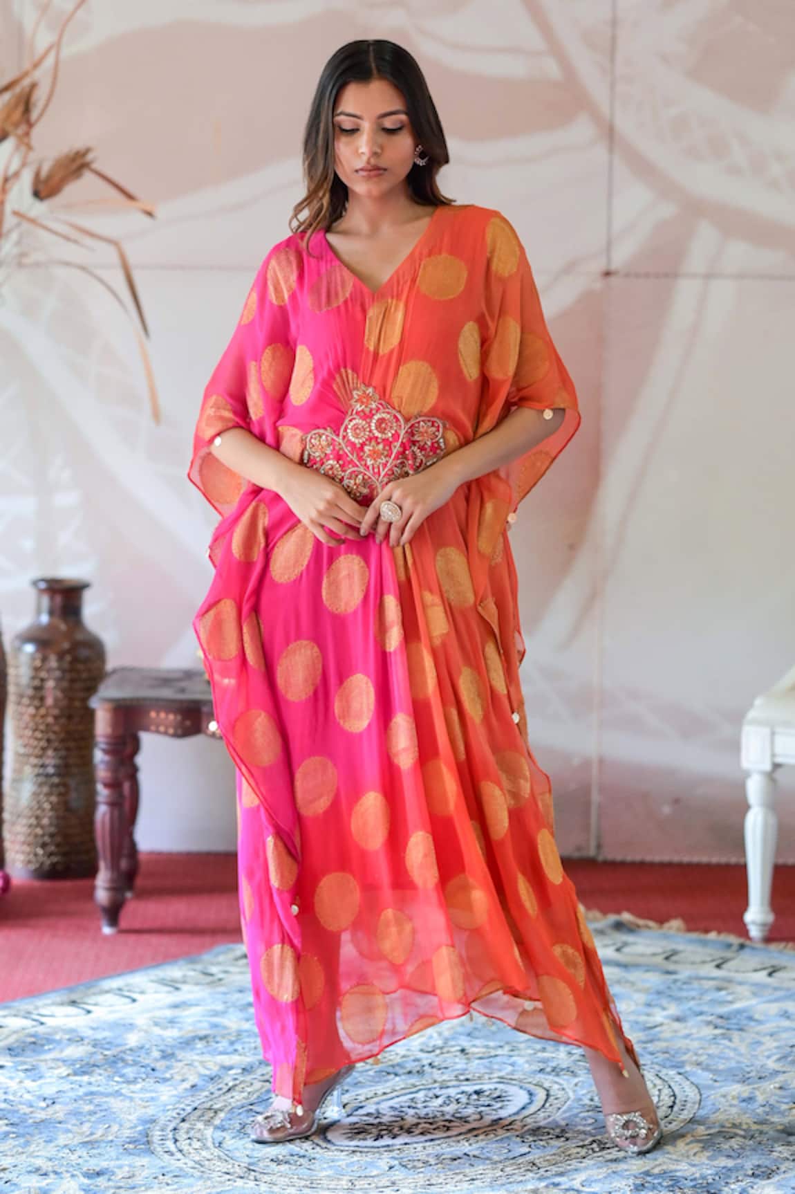Farha Syed Placement Embroidered Kaftan Dress 