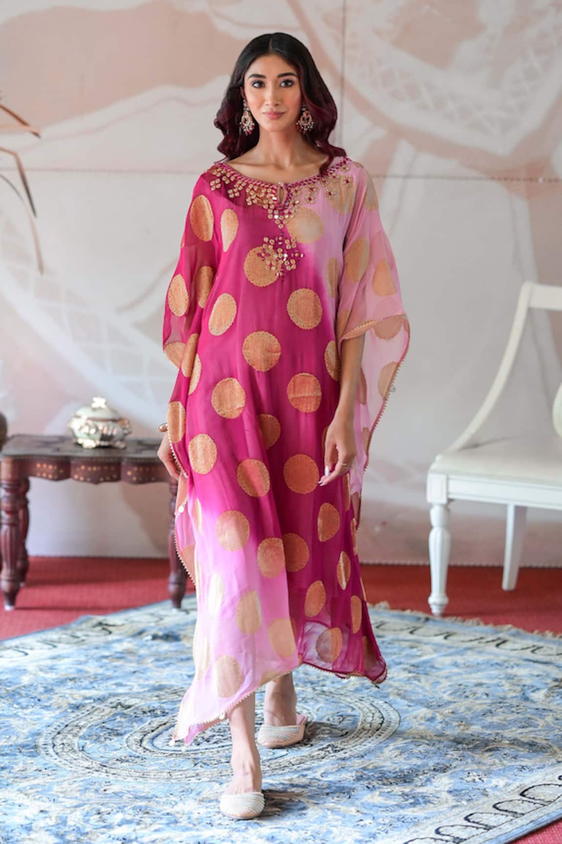 Farha Syed Mirror Neckline Embroidered Kaftan Dress