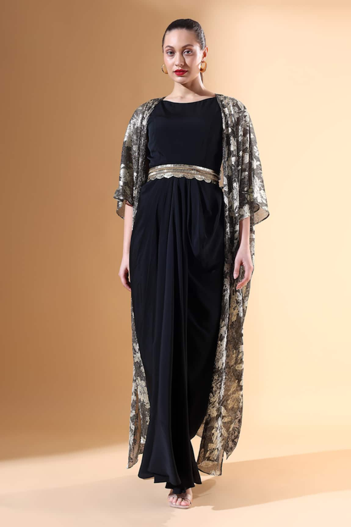 Aakaar x AZA Floral Pattern Textured Cape Dress Set