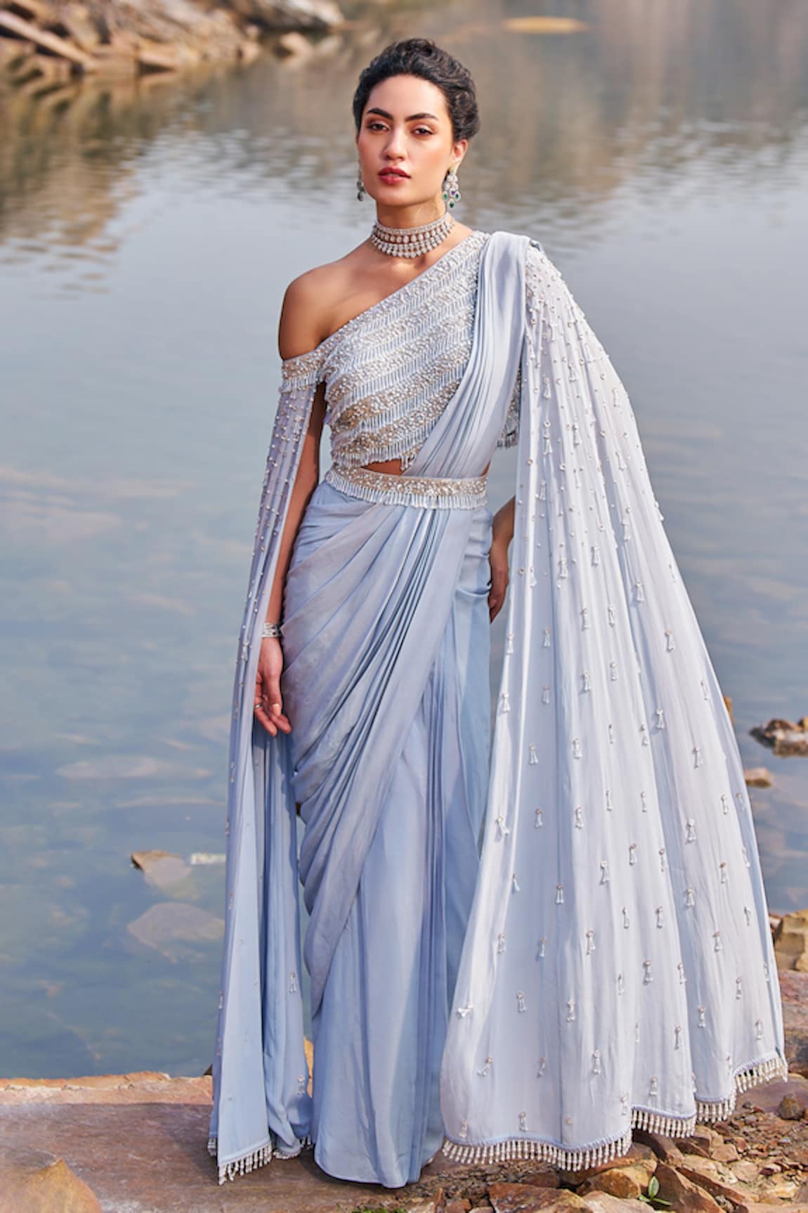 Nidhika Shekhar Subh Jalsaa Embroidered Pre-Draped Saree Set With Cape