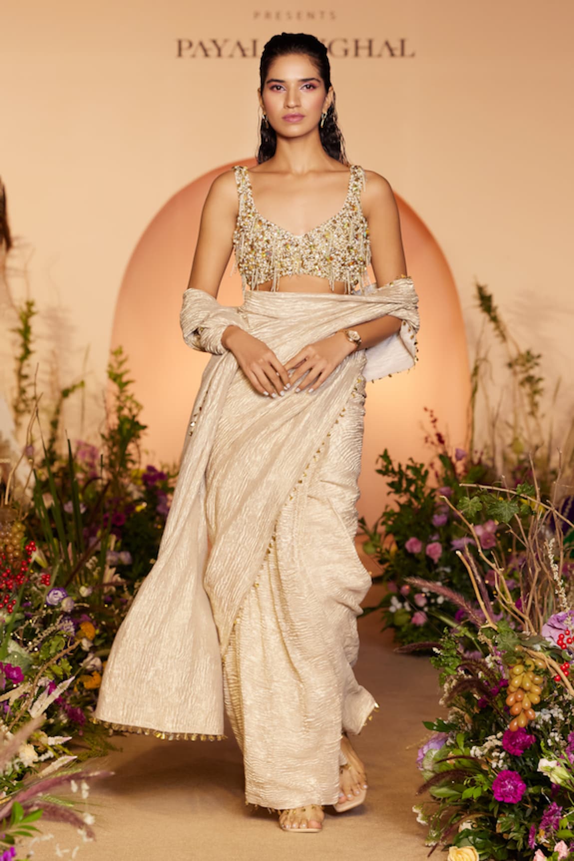 Payal Singhal Tissue Saree With Embellished Blouse