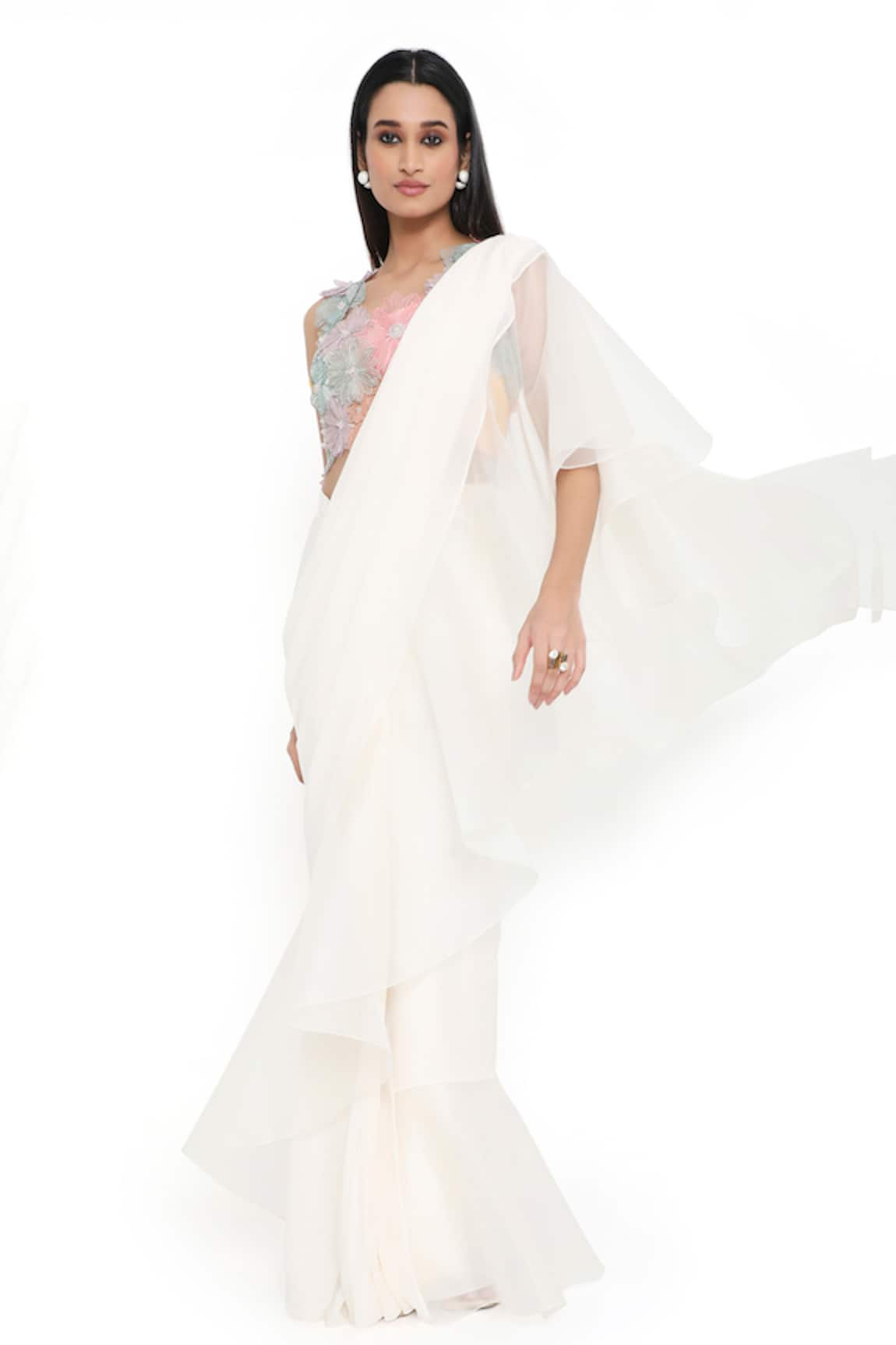 Payal Singhal Plain Pre-Draped Saree With Floral Applique Work Blouse