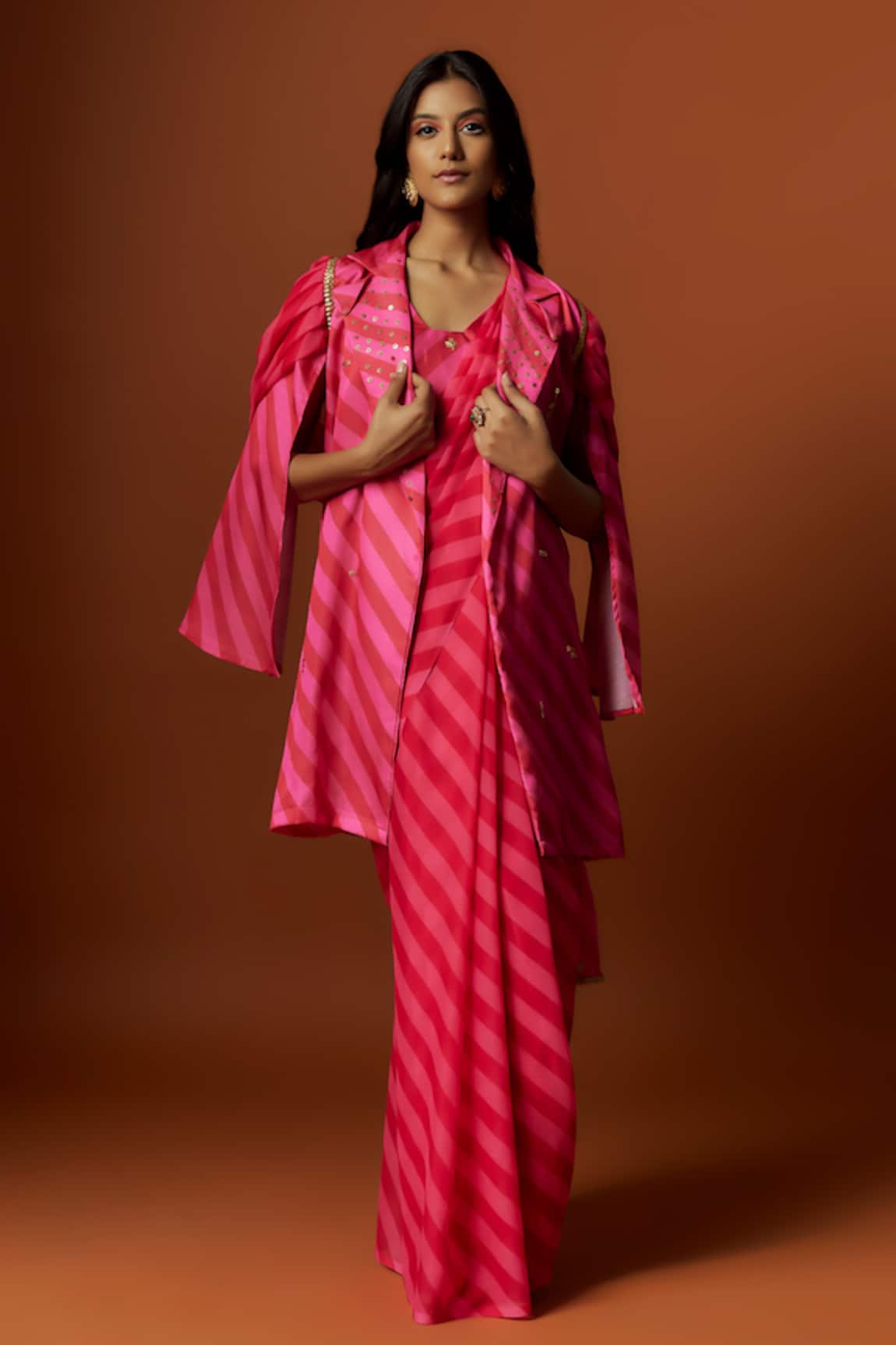 Meghna shah Stripe Print Saree With Embroidered Draped Jacket