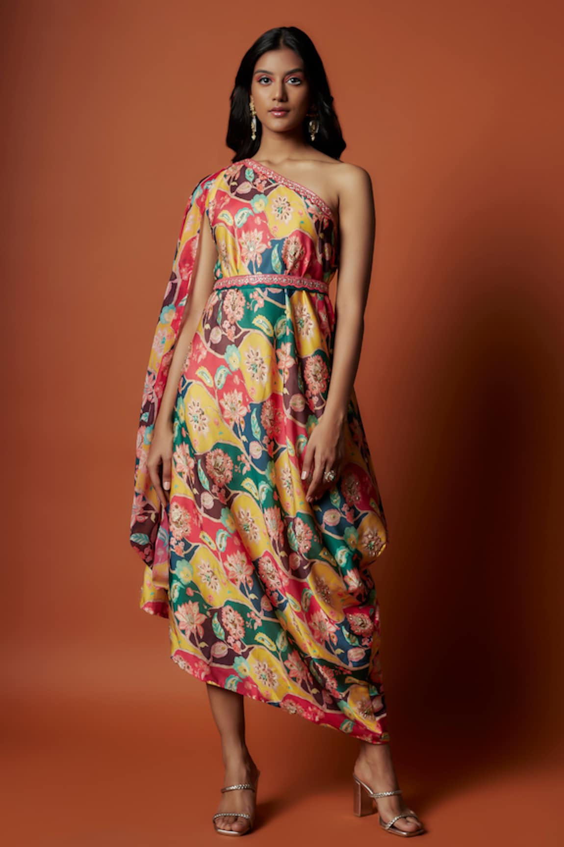 Meghna shah Floral Print One-Shoulder Dress With Belt