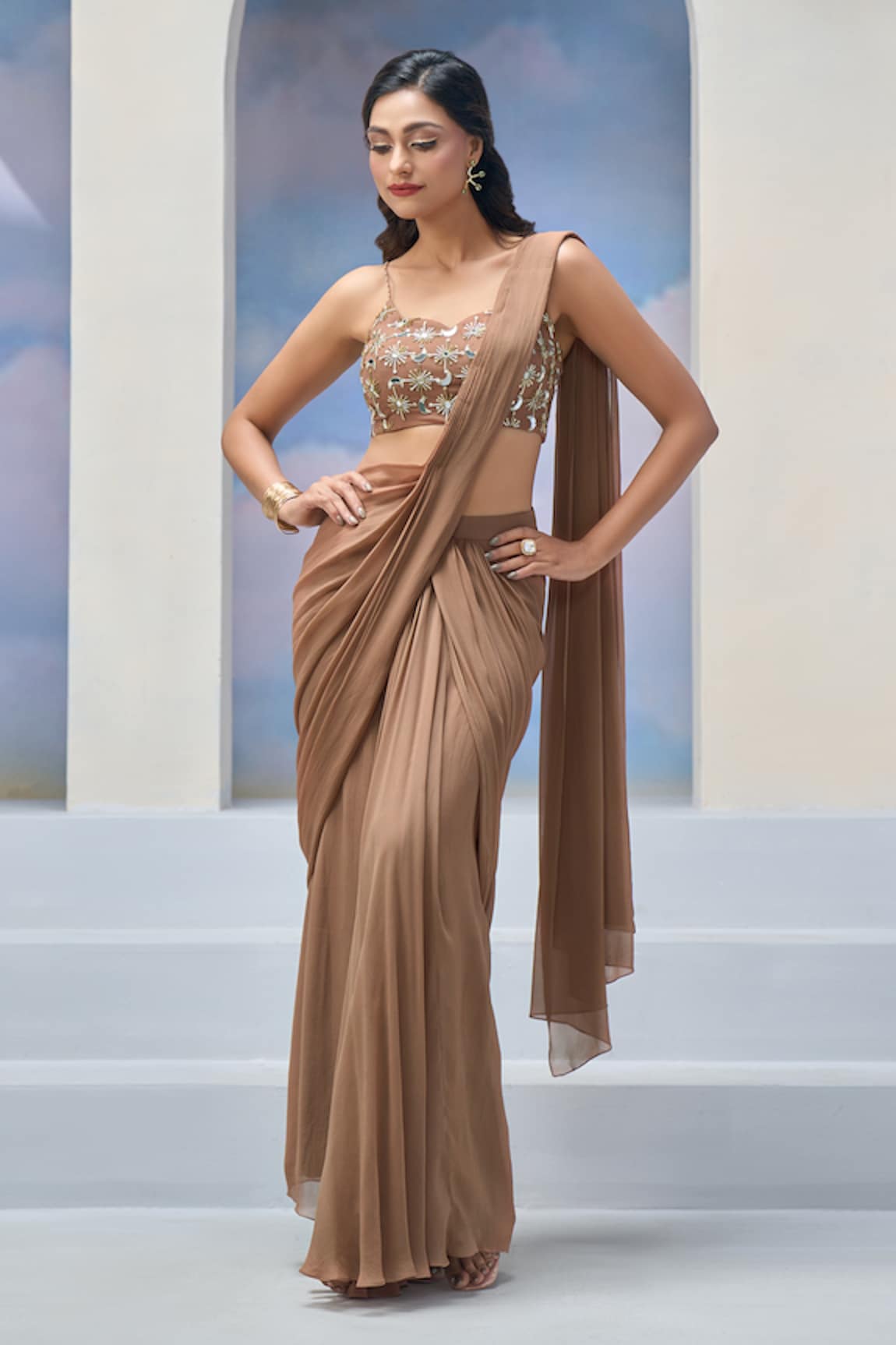 Silky Bindra x AZA Aylin Pre-Draped Saree With Embroidered Blouse