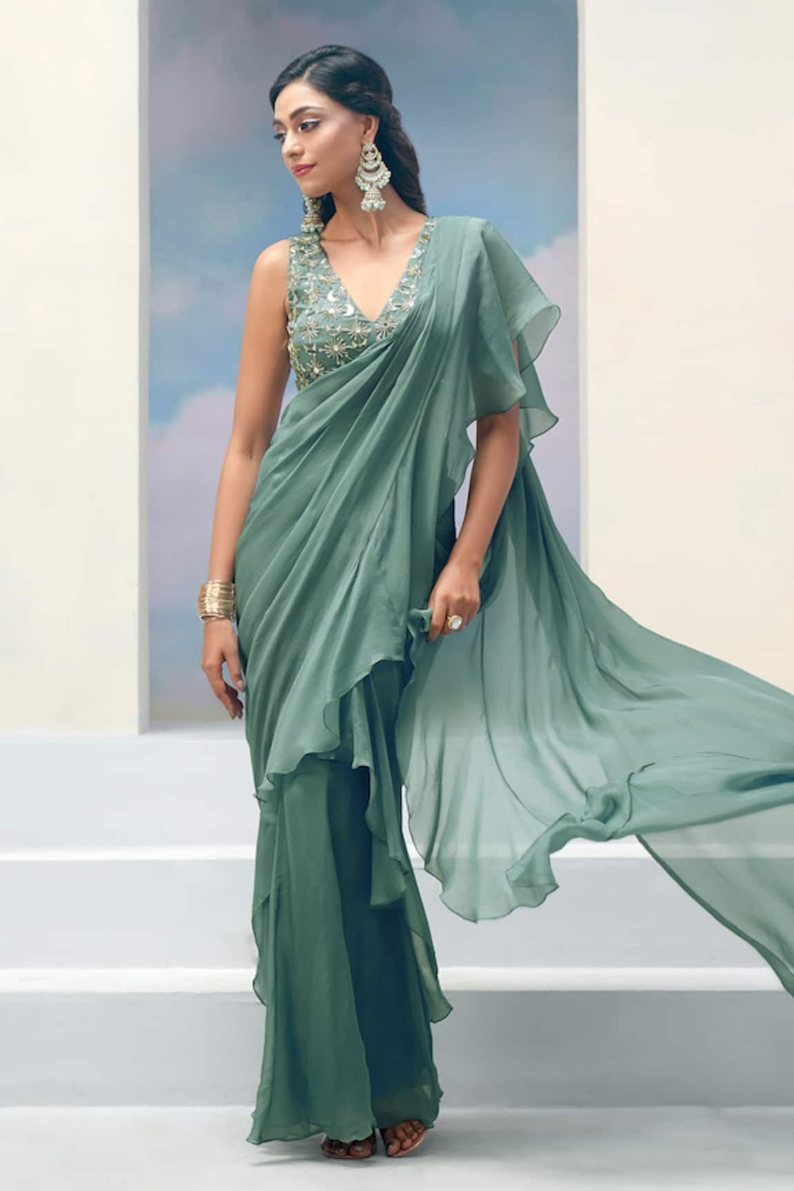 Silky Bindra x AZA Stella Pre-Draped Ruffle Saree With Blouse