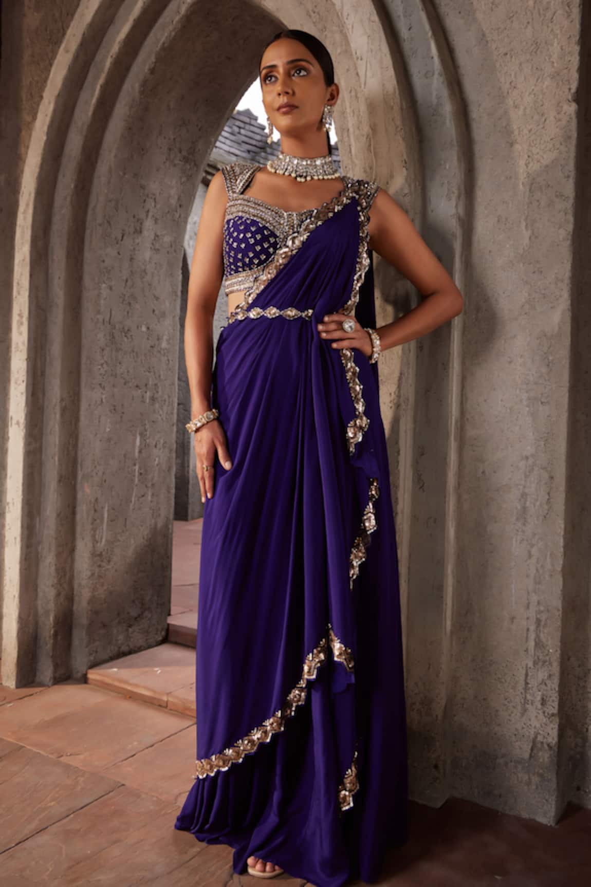 Nidhika Shekhar Ullas Sequin Embroidered Border Pre-Draped Saree Set