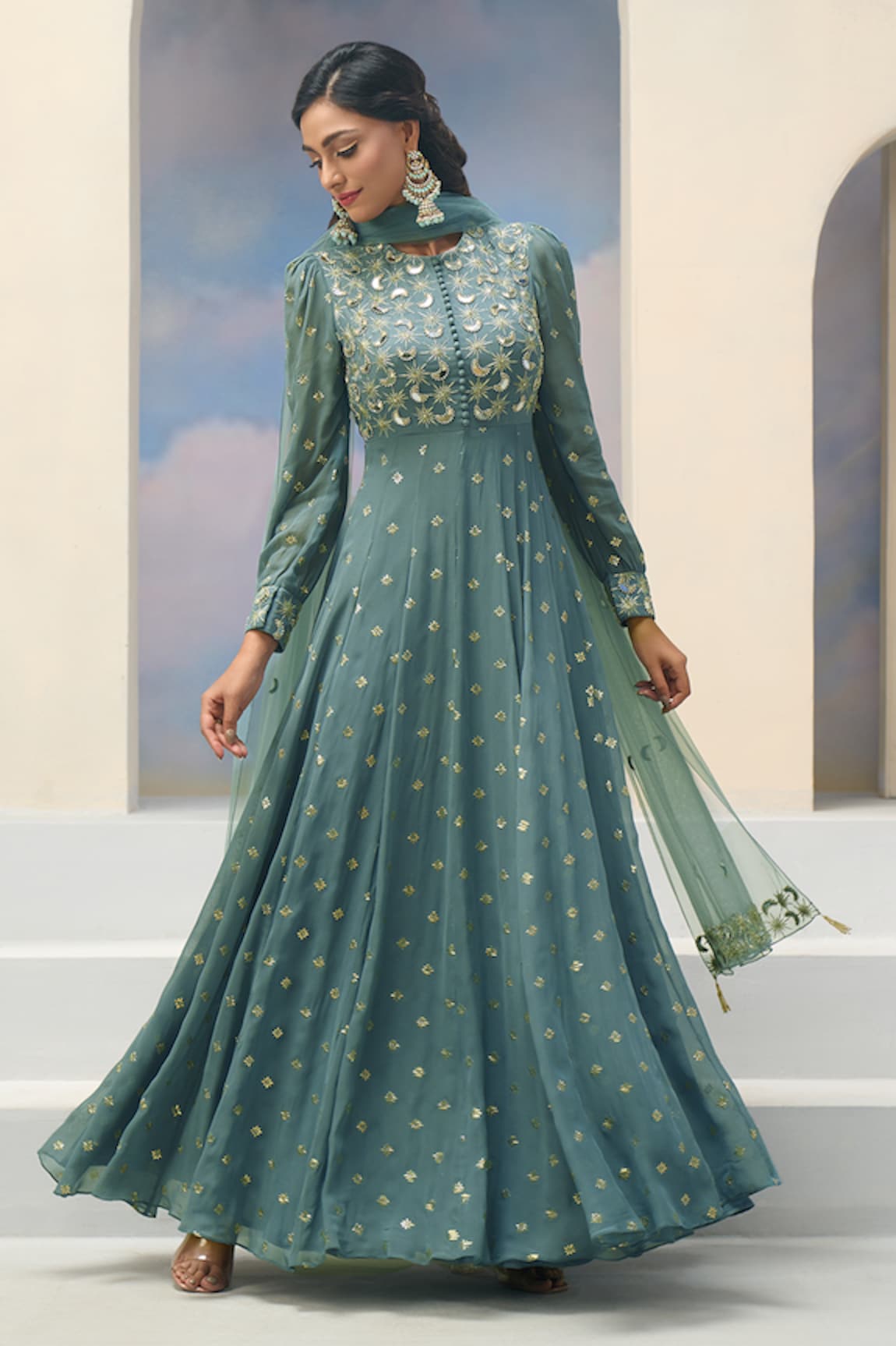 Silky Bindra x AZA Mizuki Stars & Moon Embroidered Bodice Anarkali With Dupatta