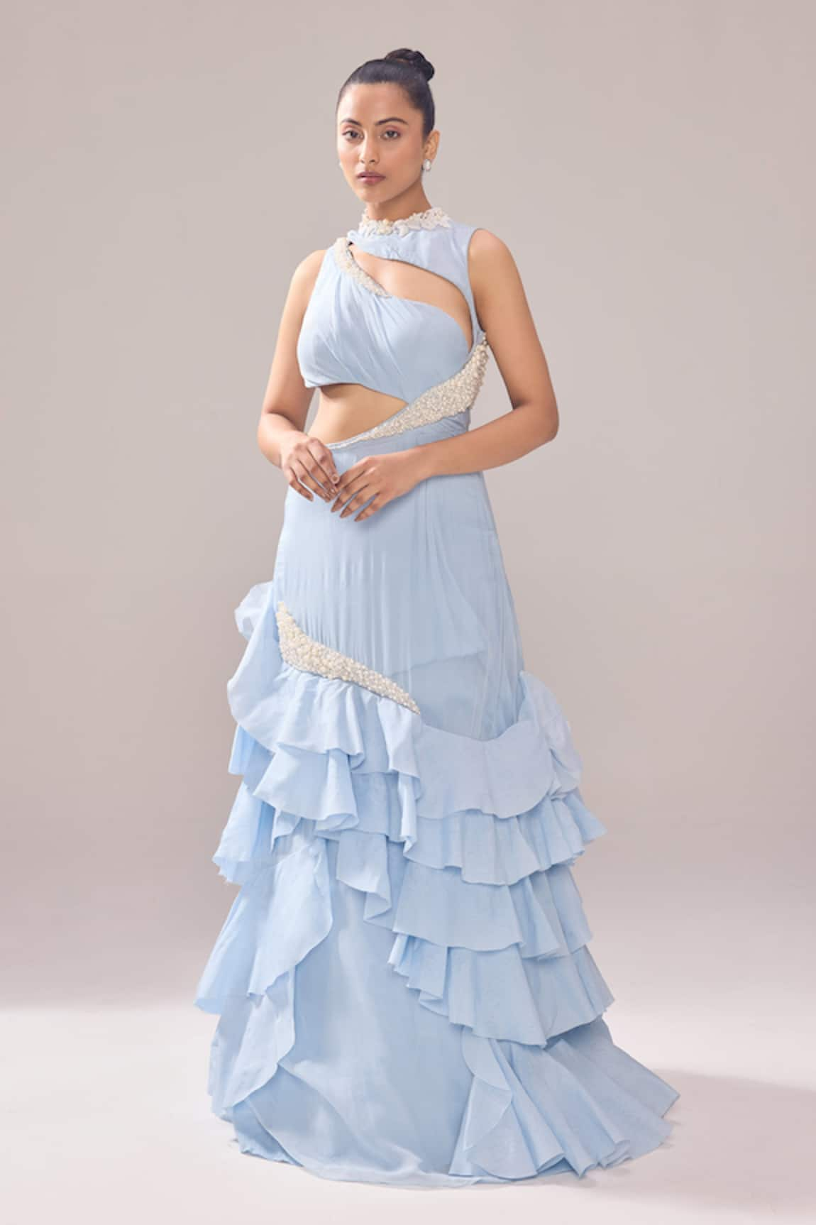 Jade By Ashima Adelia Neckline Embellished Ruffle Gown