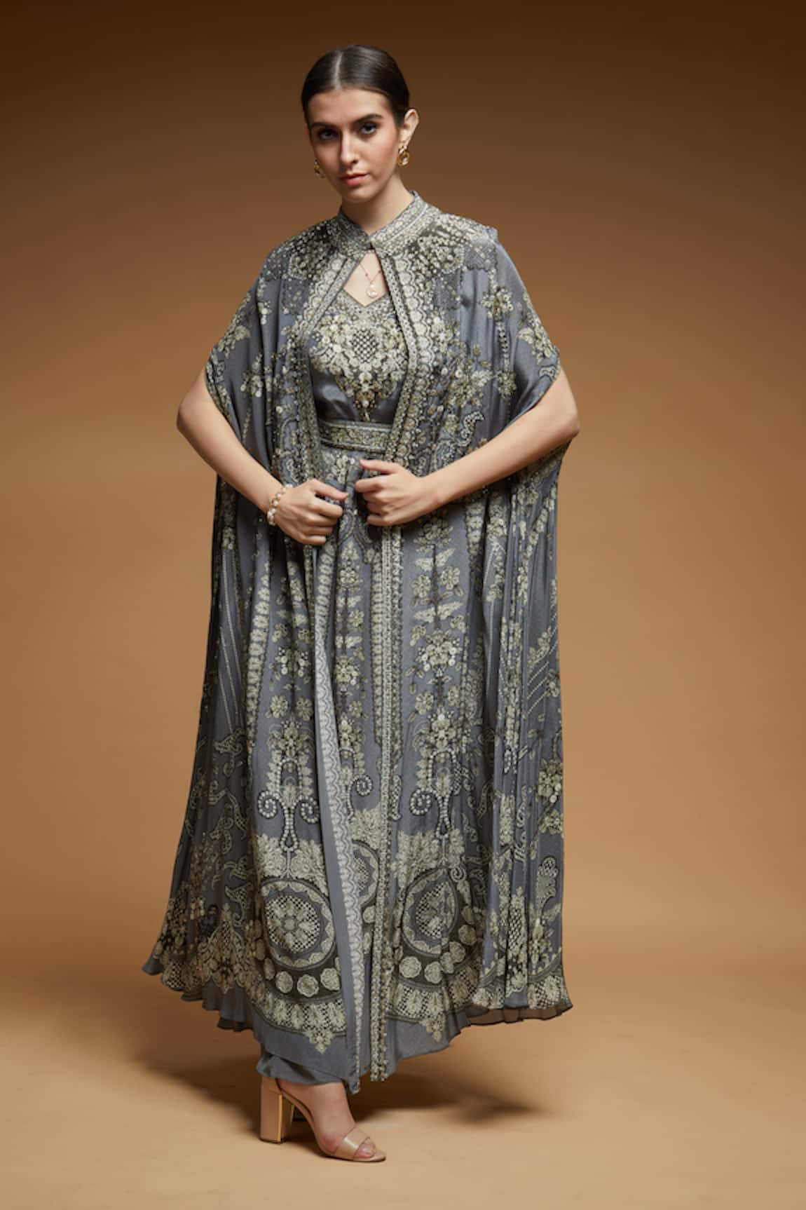 NIRRAAMYAA Rhinestone Embroidered Long Cape