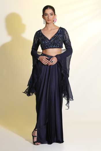 Meenagurnam Flower Sequin Embroidered Blouse Draped Skirt Set