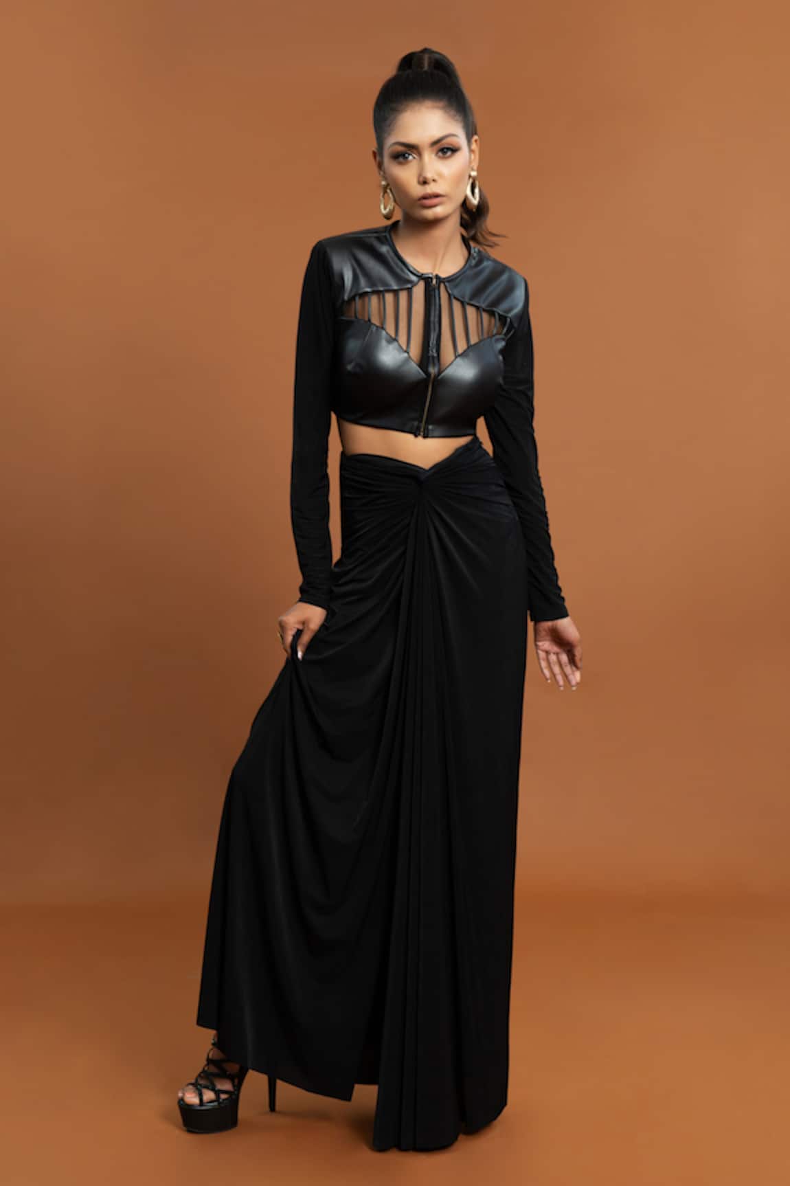 Aurouss Plain Sheer Panel Top With Draped Skirt