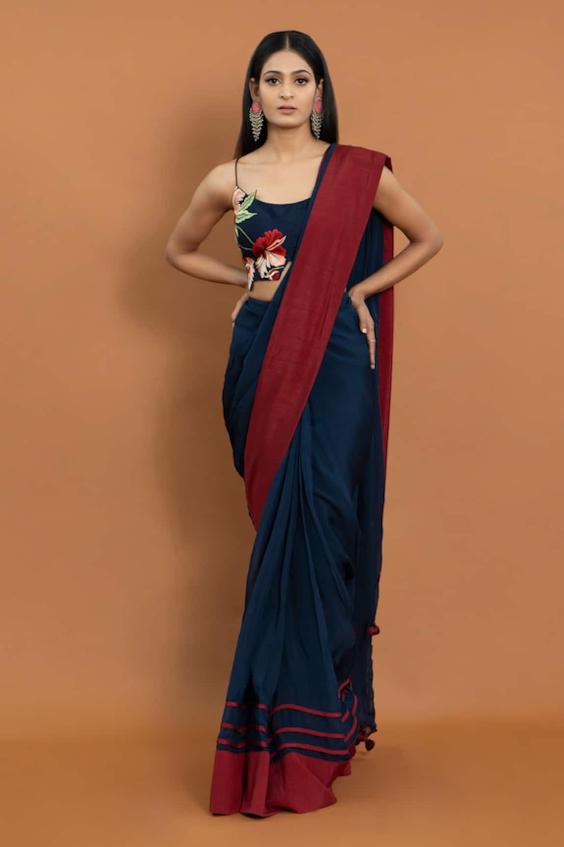 Aurouss Blue Pre-Draped Saree With Applique Blouse 