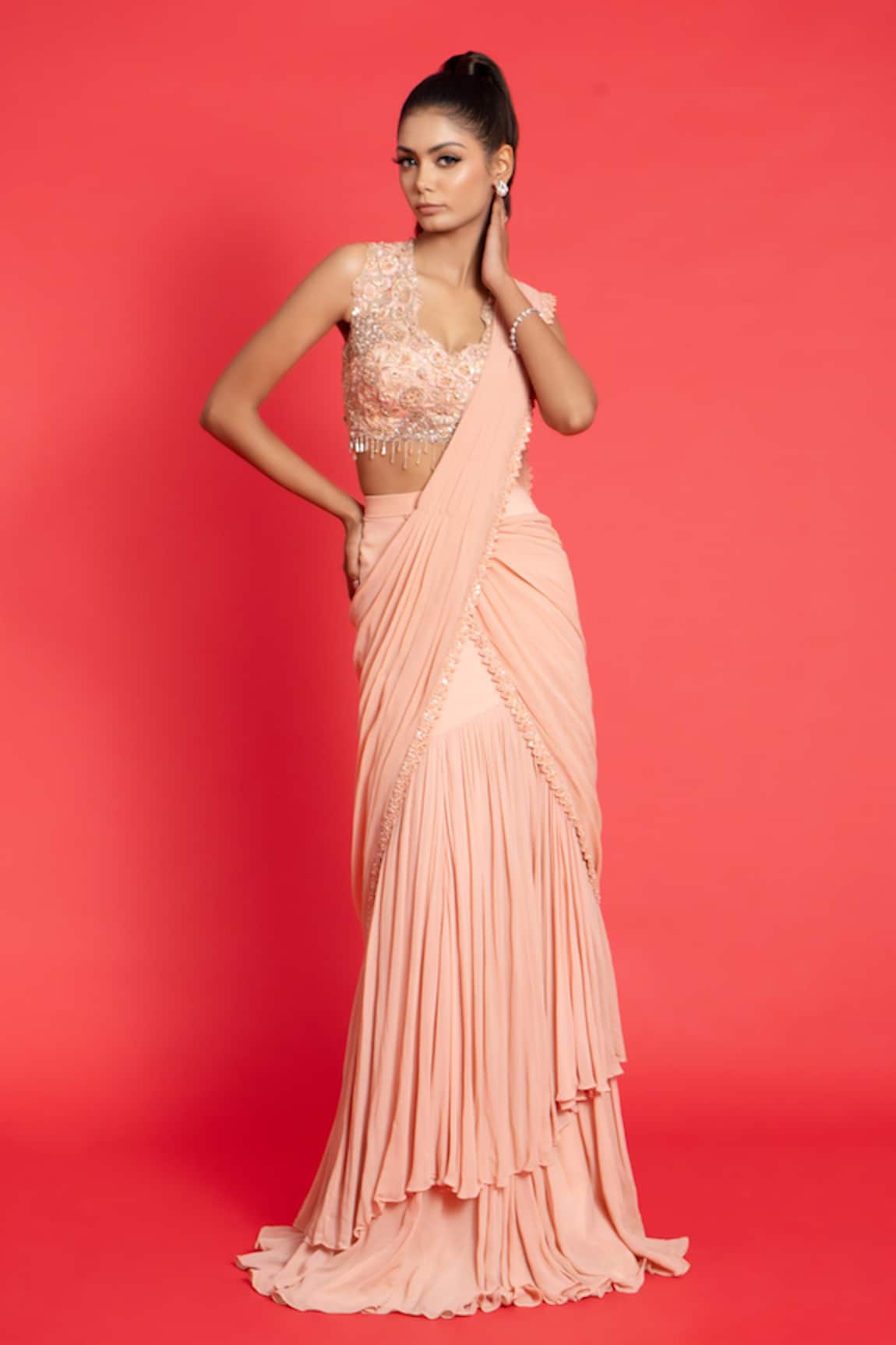 Aurouss Pre-Draped Ruffle Saree With Embroidered Blouse