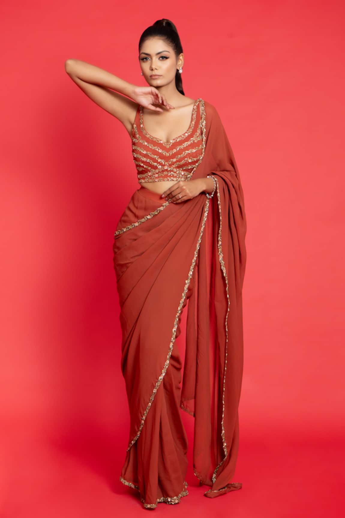 Aurouss Pre-Draped Saree With Sequin Work Blouse