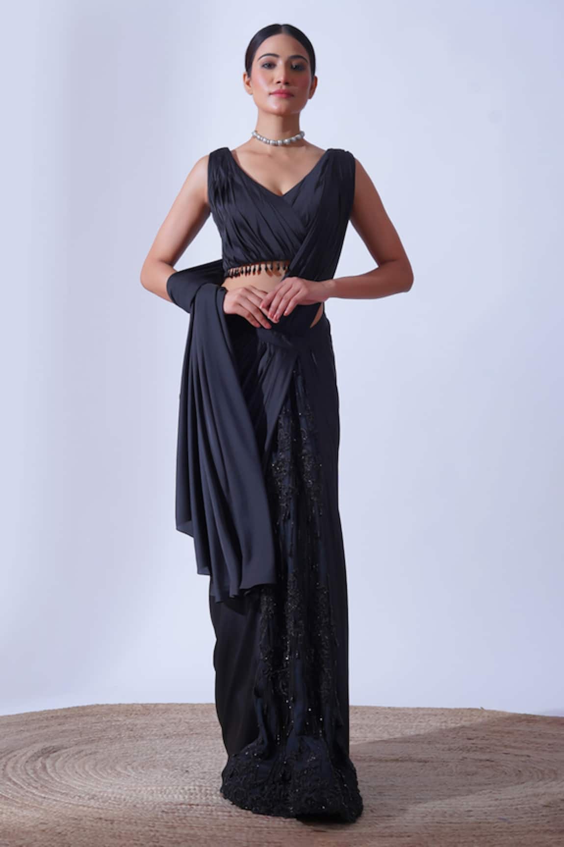 Aurouss Myra Crystal Helix Embellished Pre-Draped Saree Set