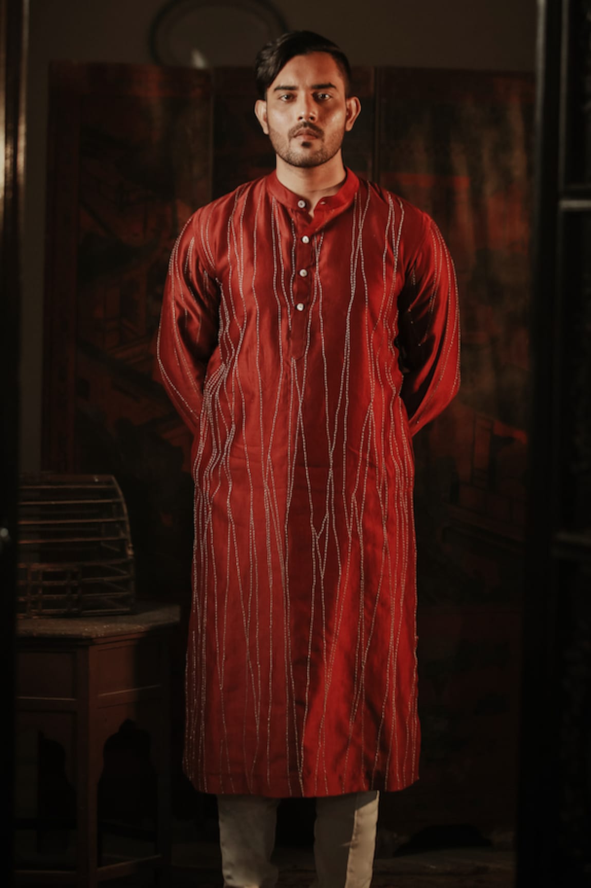 Bihart Asymmetric Stripe Embroidered Kurta