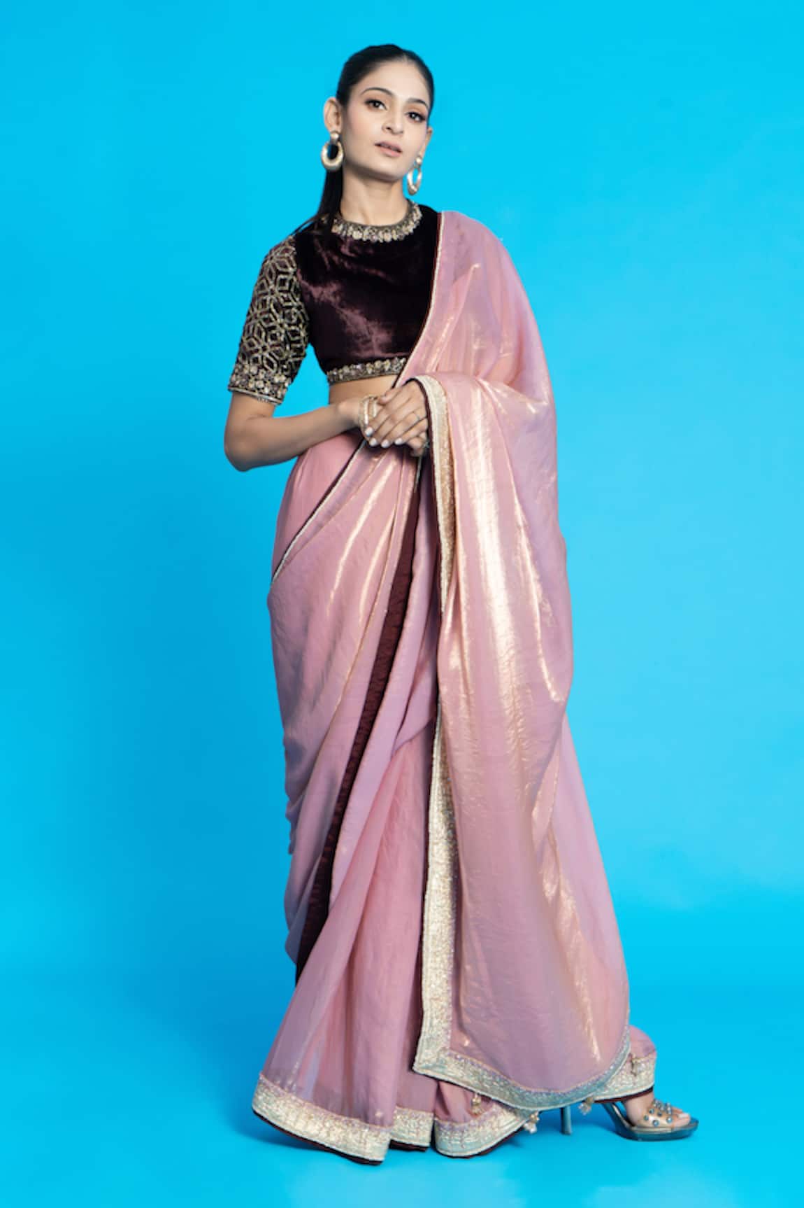 Aurouss Pre-Draped Saree With Velvet Blouse