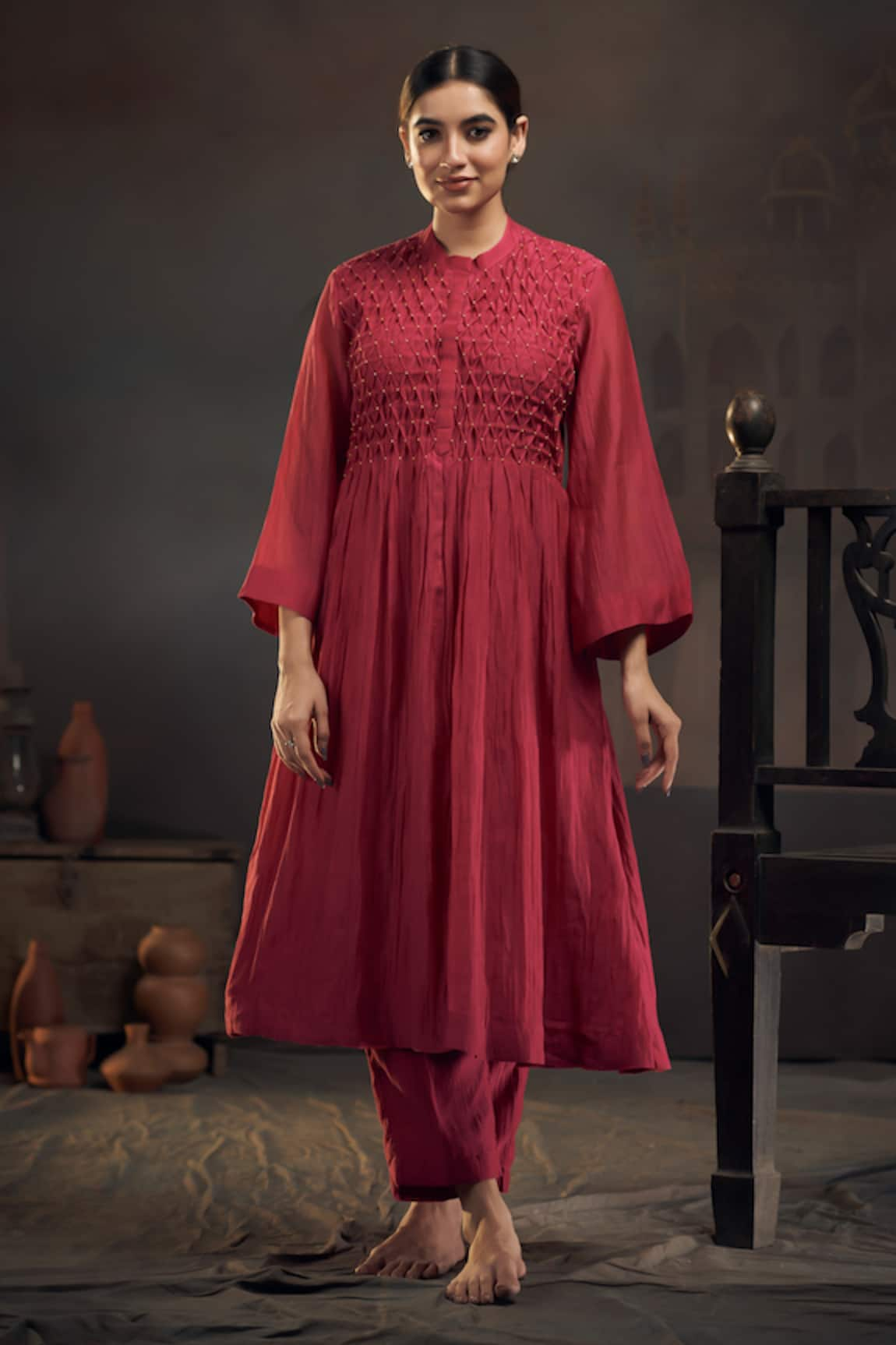 Hirika&Dhruti Smocked Gathered Kurta & Pant Set