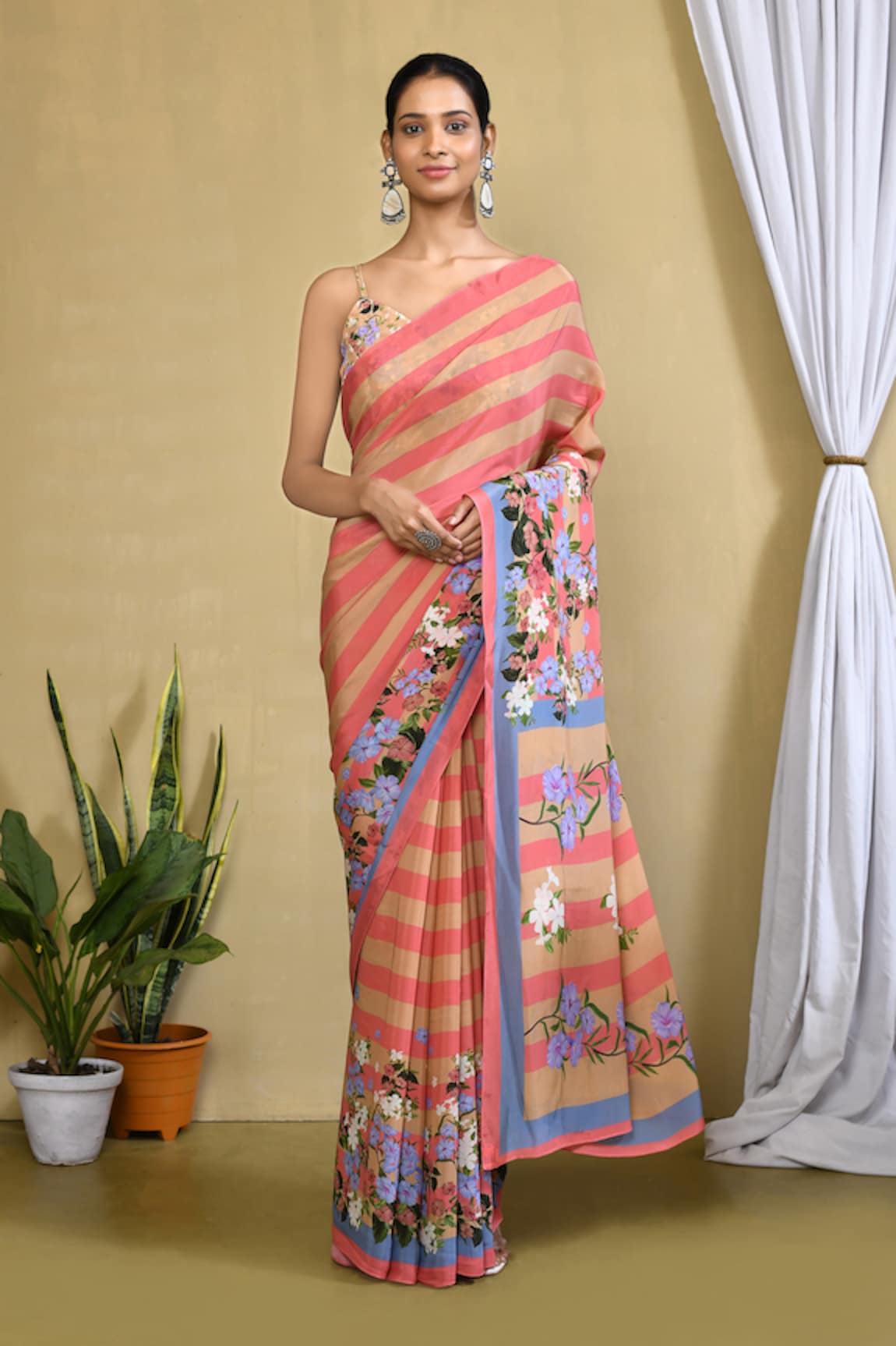 Samyukta Singhania Striped Blooms Printed Saree With Blouse