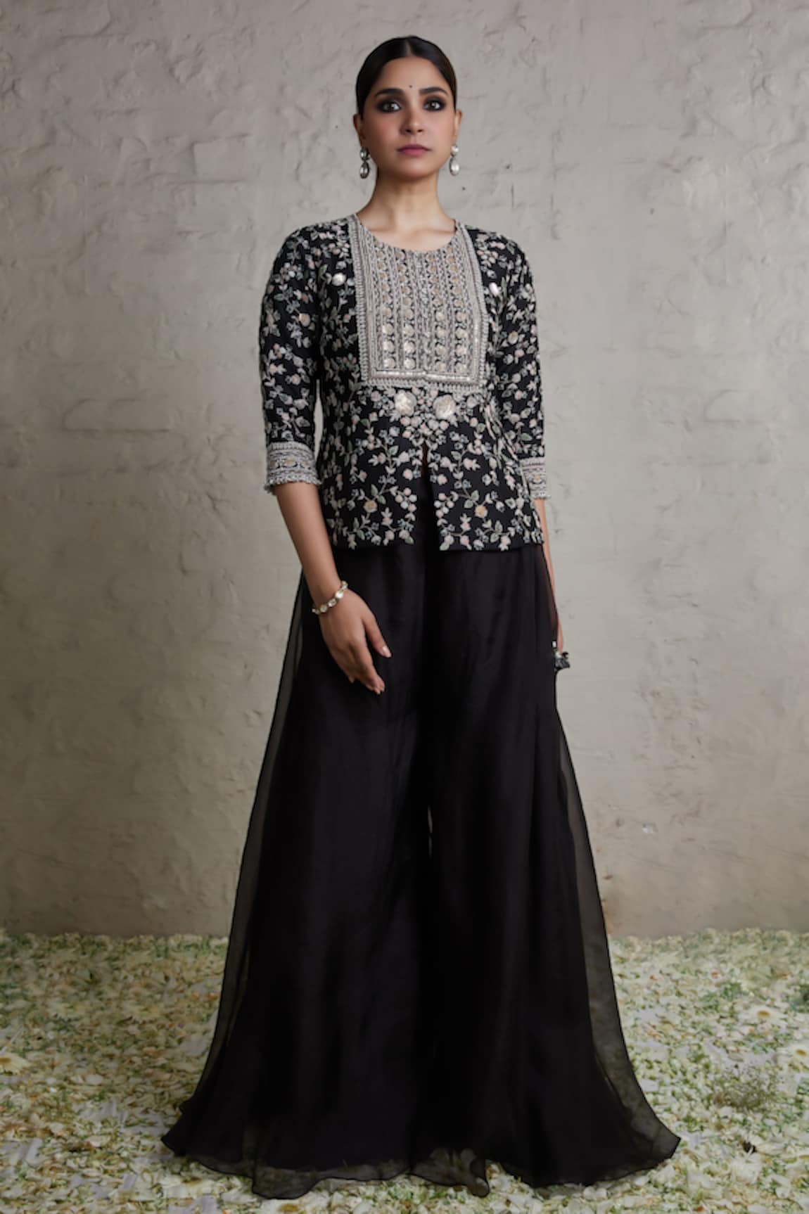 Prisho Floral Embroidered Peplum Jacket & Sharara Set