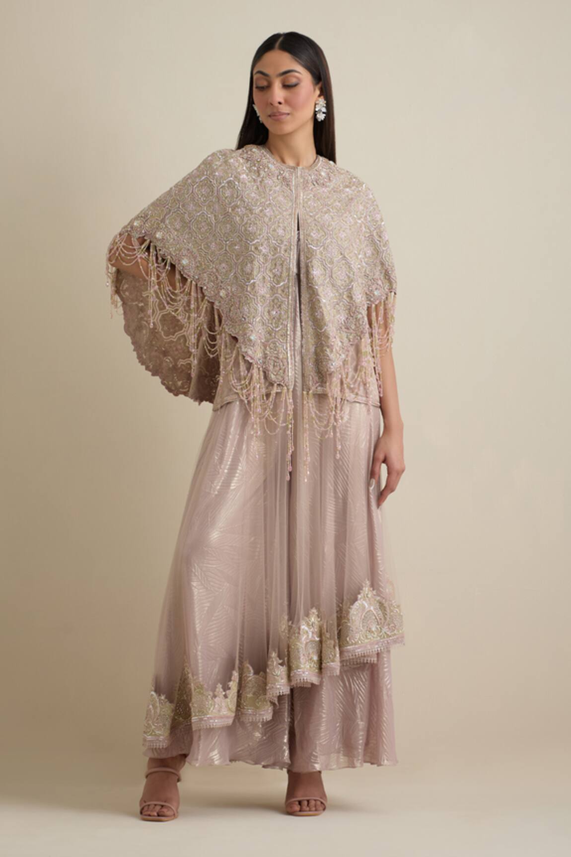 Eeksha Layered Jumpsuit With Mughal Jaal Embroidered Cape