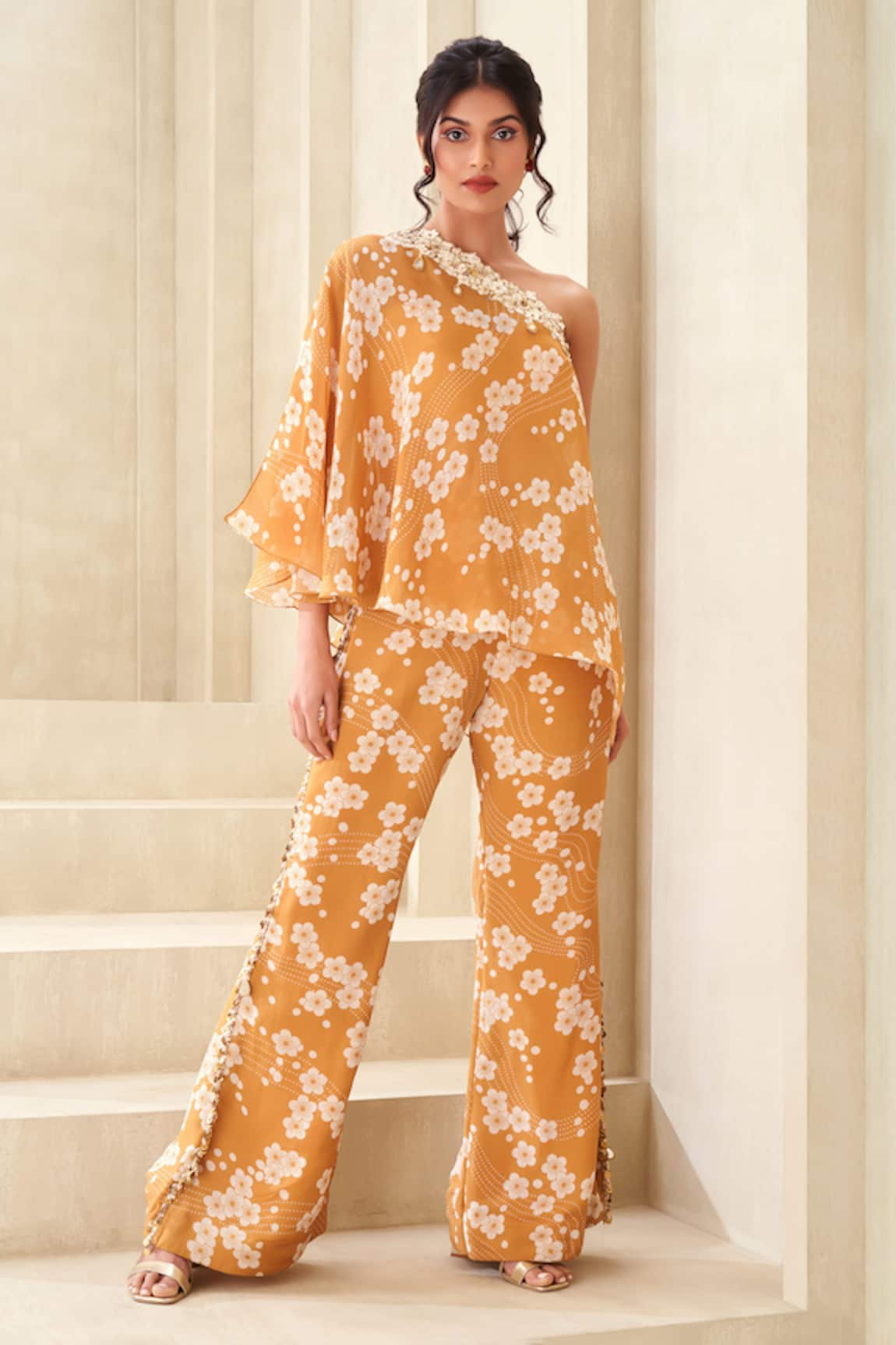 Taavare One-Shoulder Embroidered Top & Pant Set