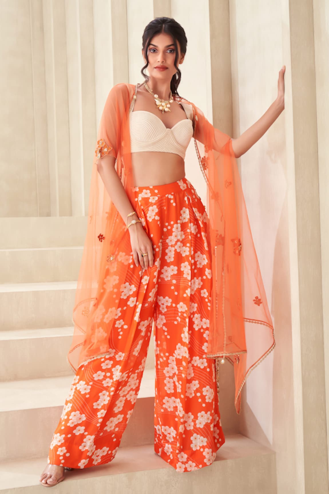 Taavare Embellished Cape Floral Pant Set