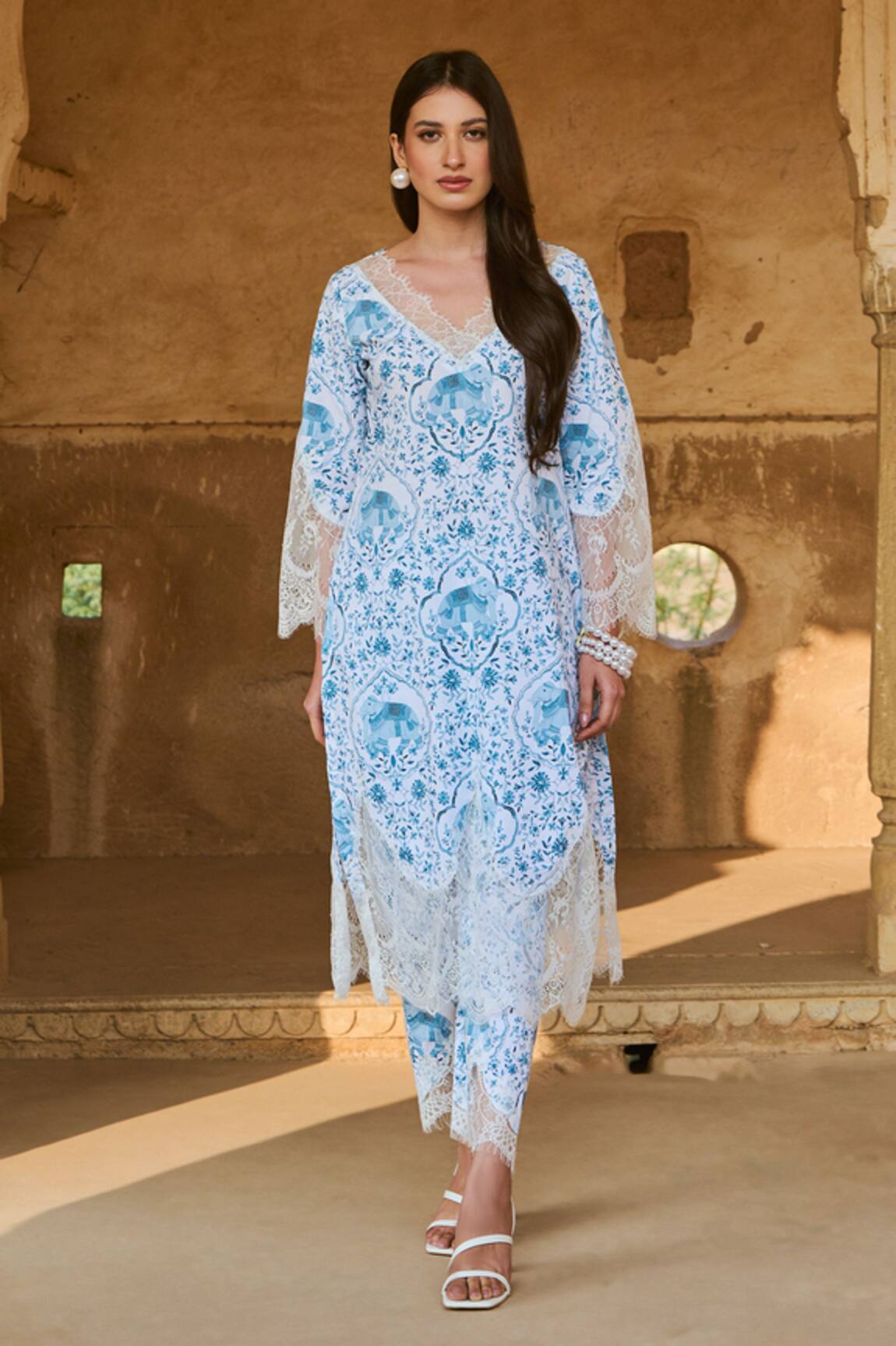 Sage Saga Floral Print Chantilly Lace Embroidered Kurta