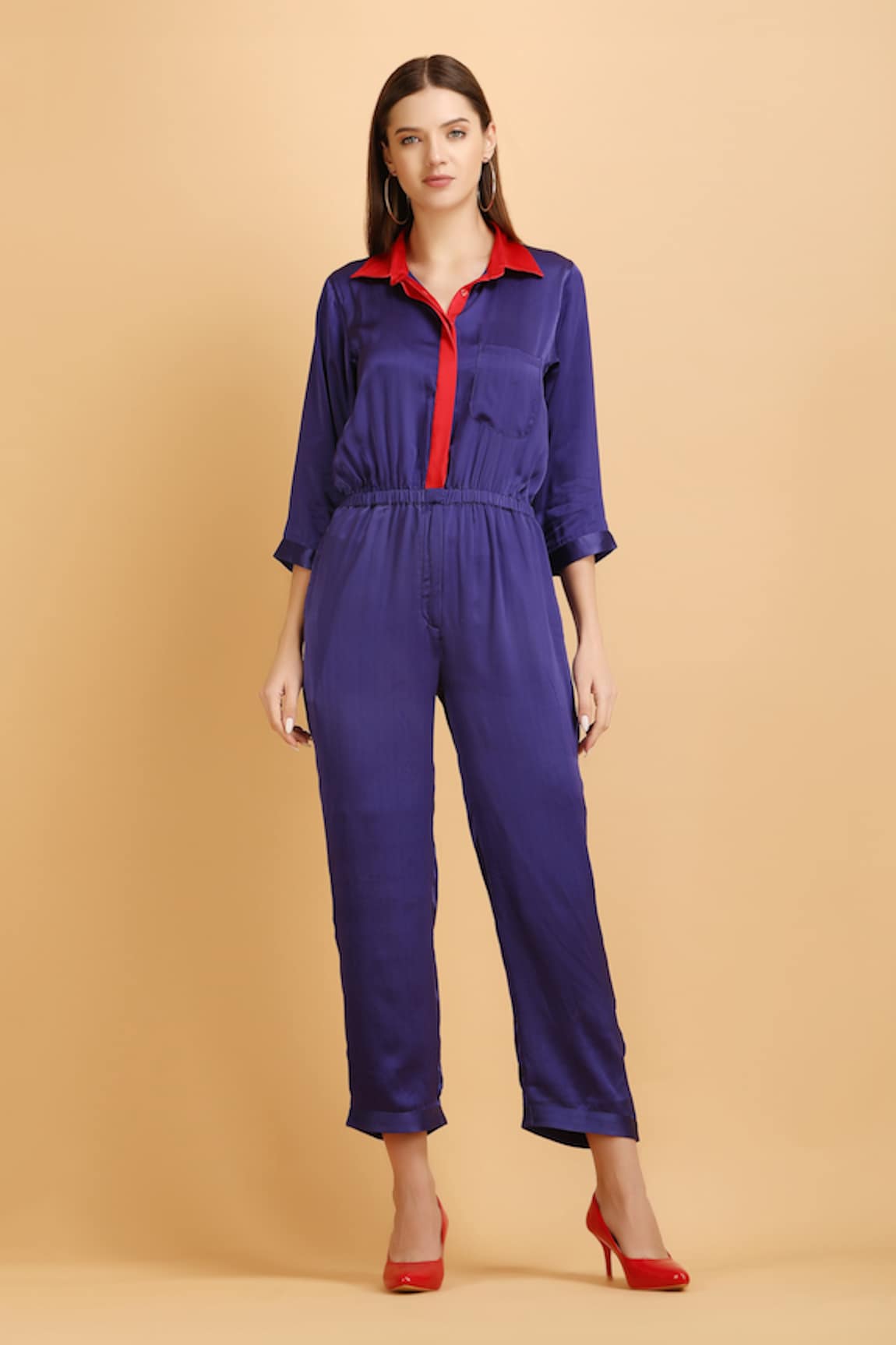 LABEL IVISH Contrast Collar & Placket Satin Jumpsuit