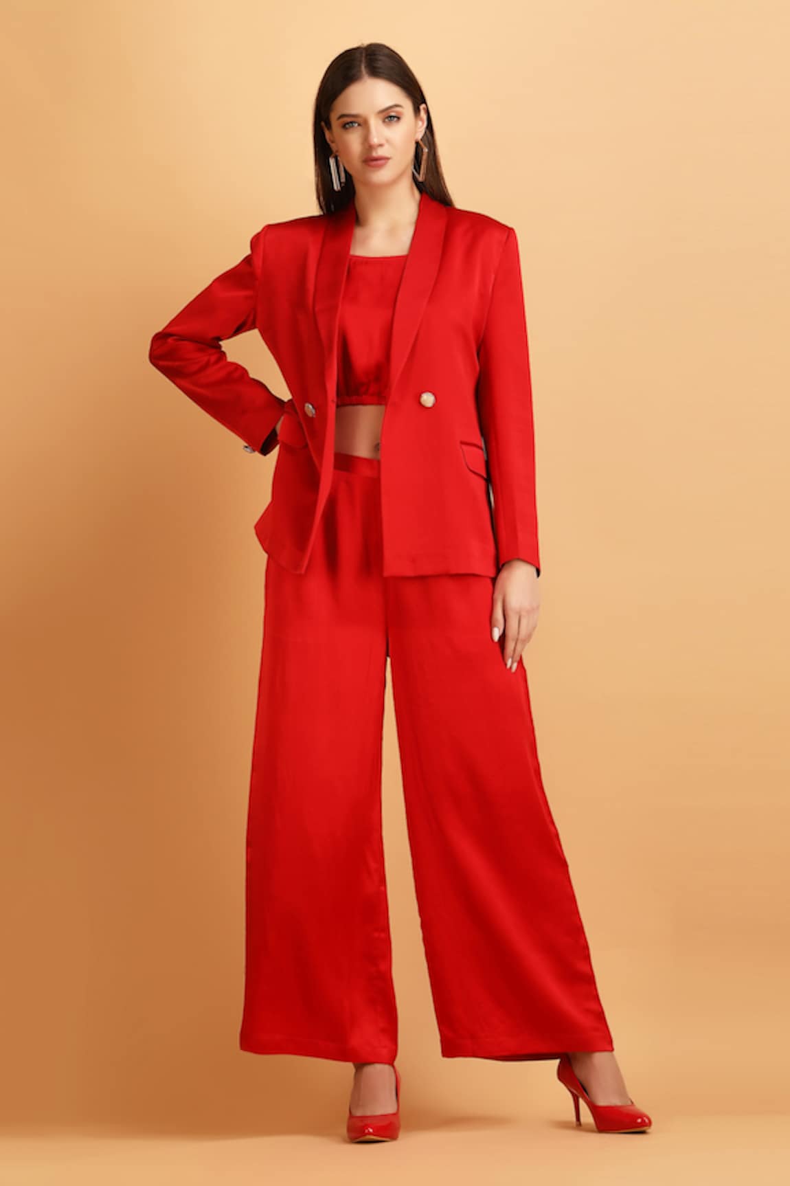 LABEL IVISH Lapel Collar Satin Blazer Trouser Set