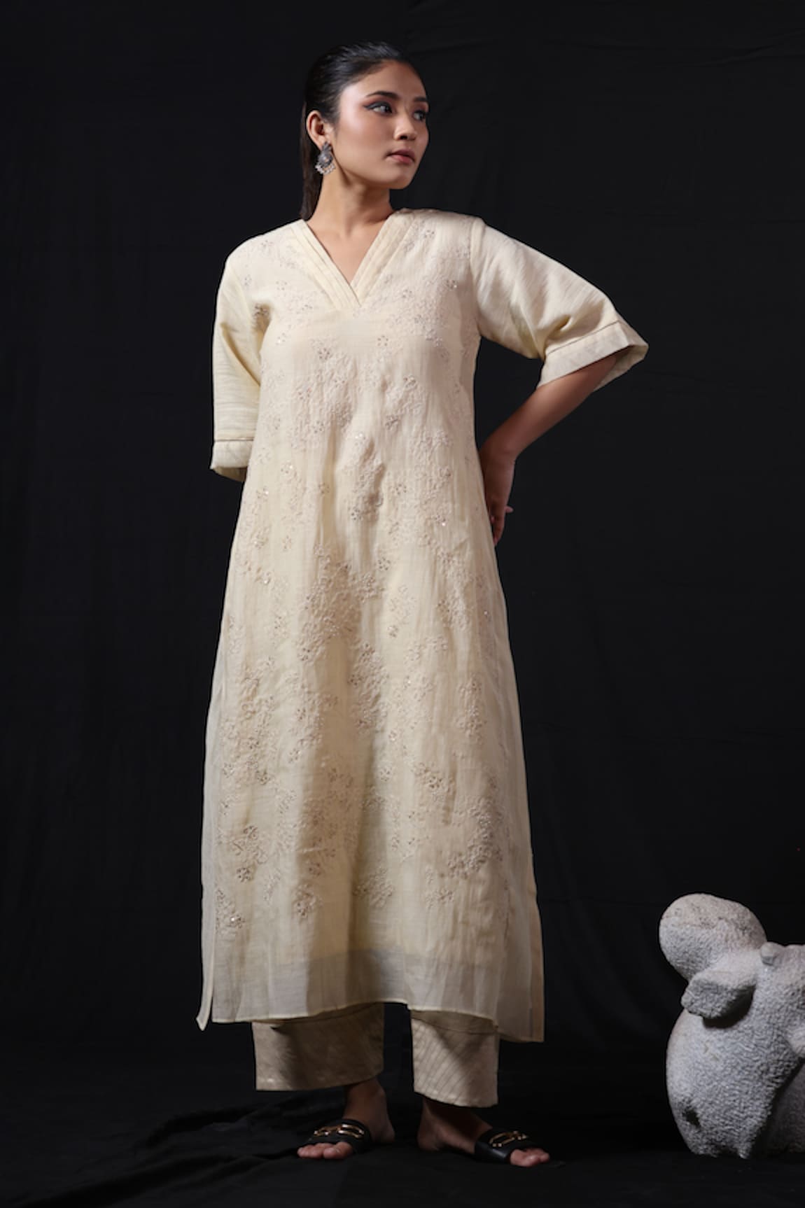 Beige Floral Embroidered Kurta & Pant Set