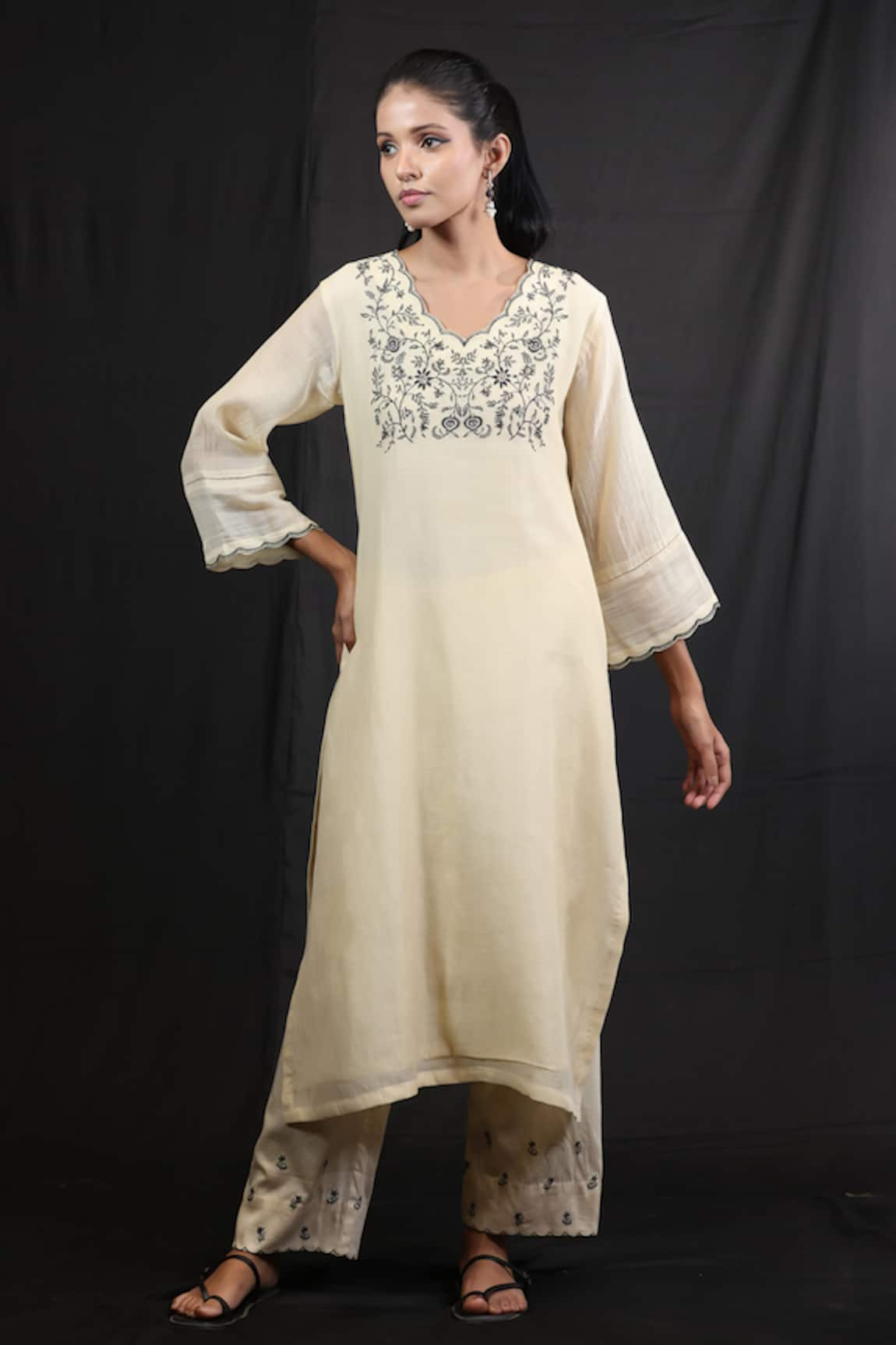 Beige Chanderi Floral Embroidered Kurta & Pant Set