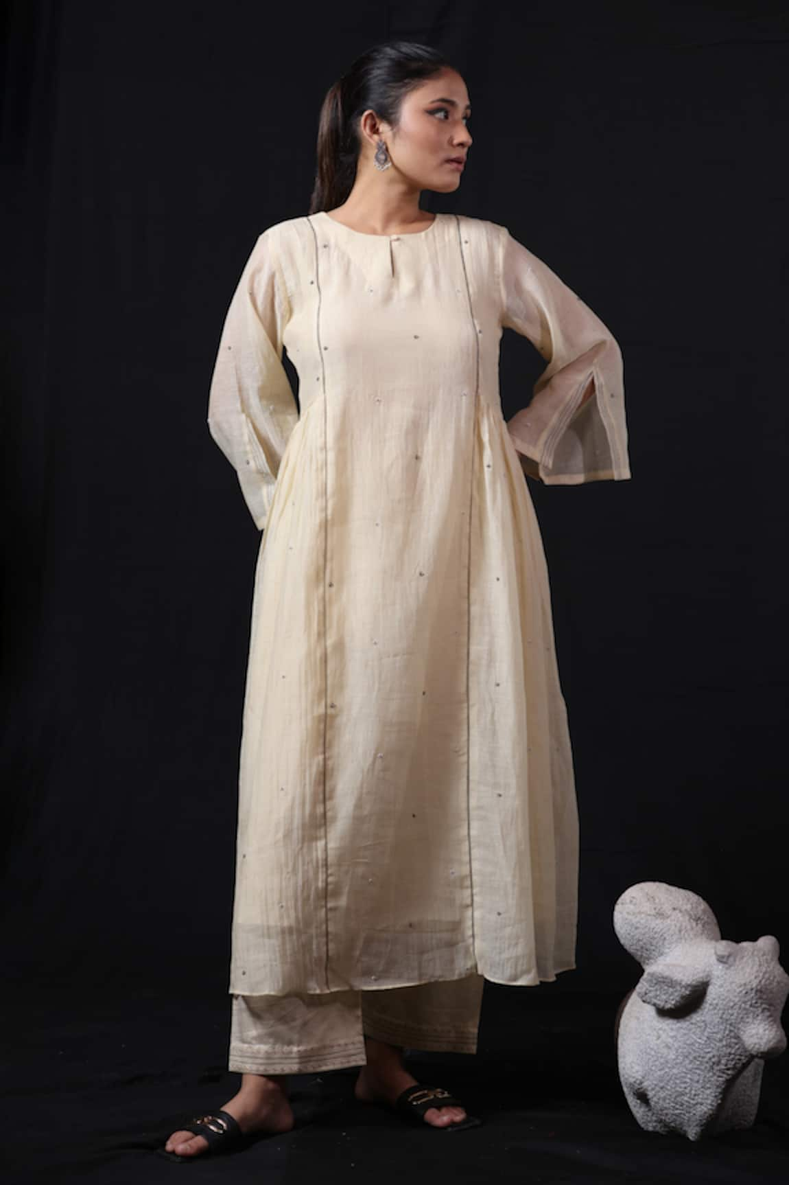 Beige Chanderi Side Gathered Kurta With Pant