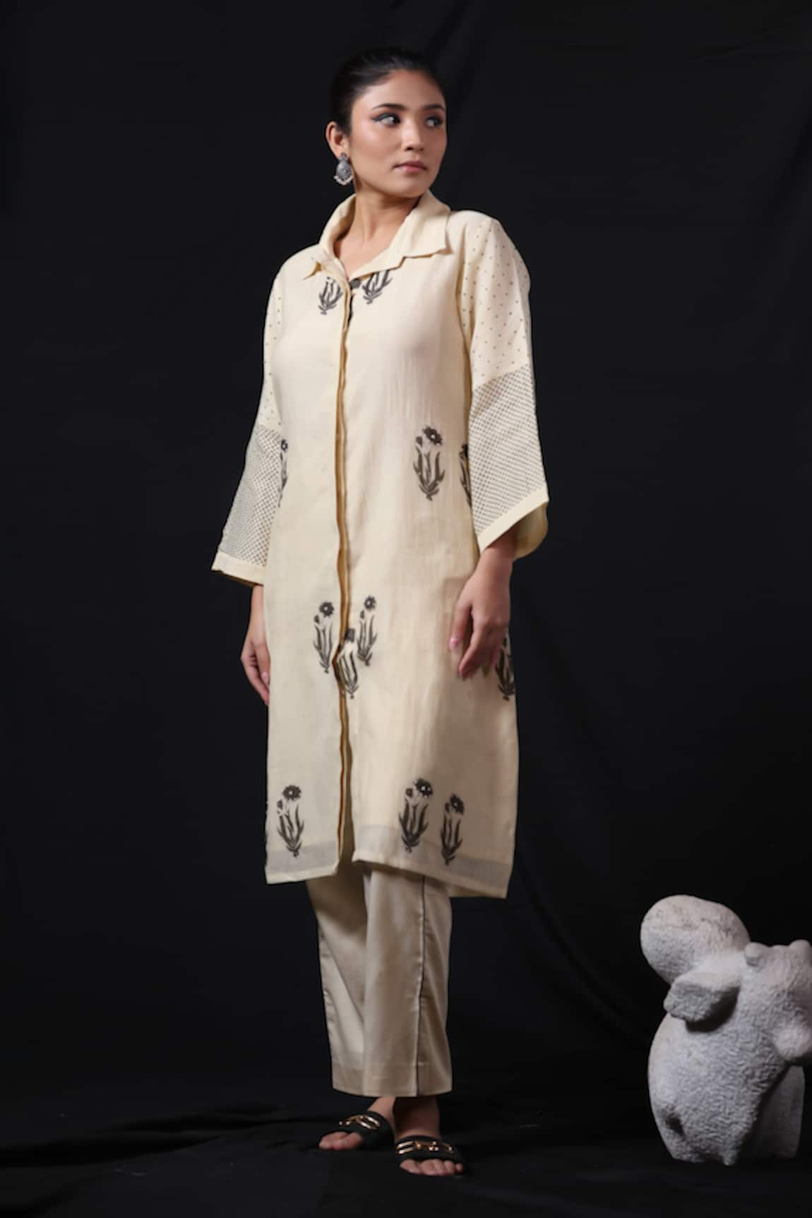 Beige Floral Block Print Tunic & Pant Set