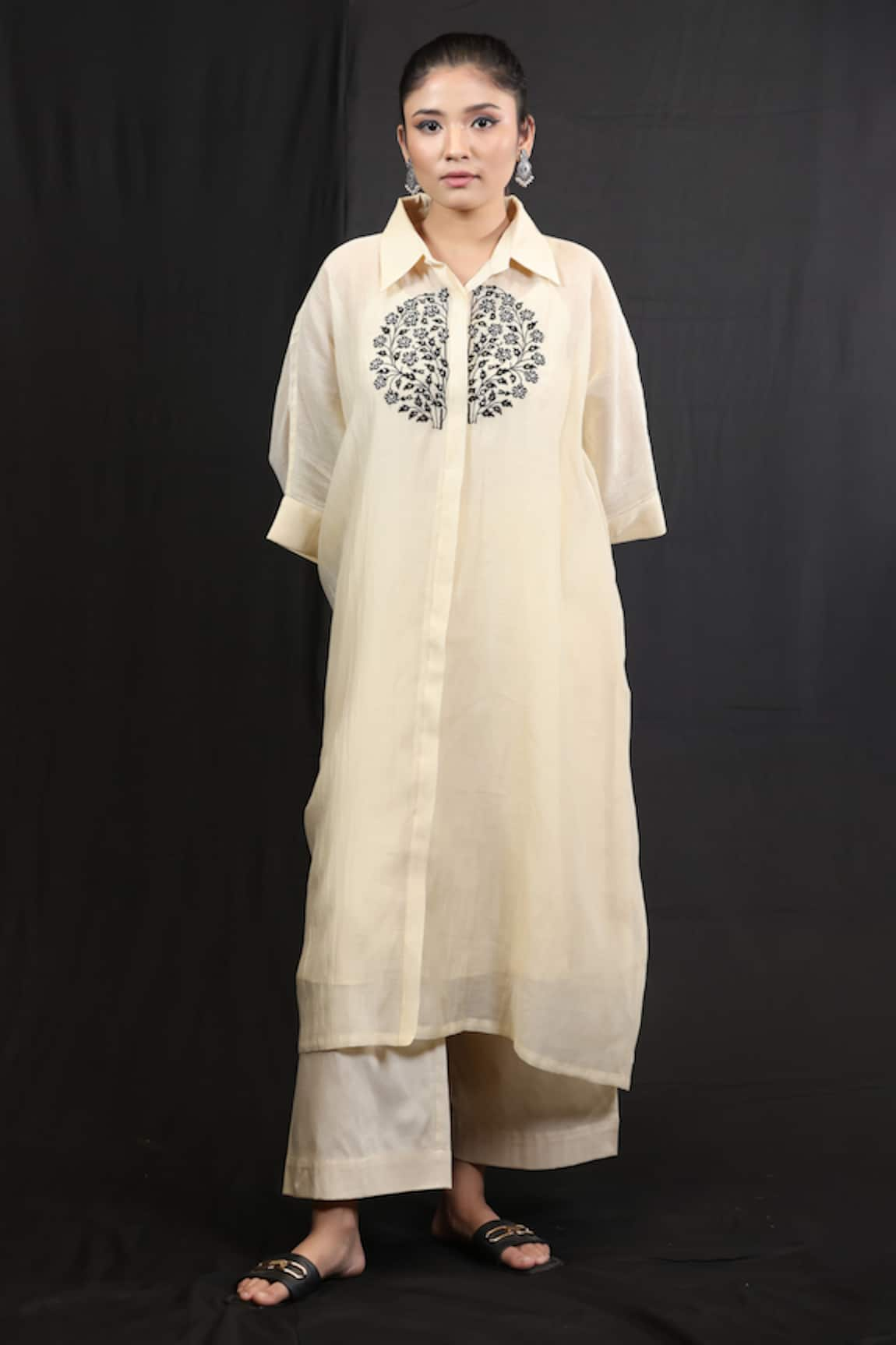 Beige Floral Vine Embroidered Kaftan & Pant Set