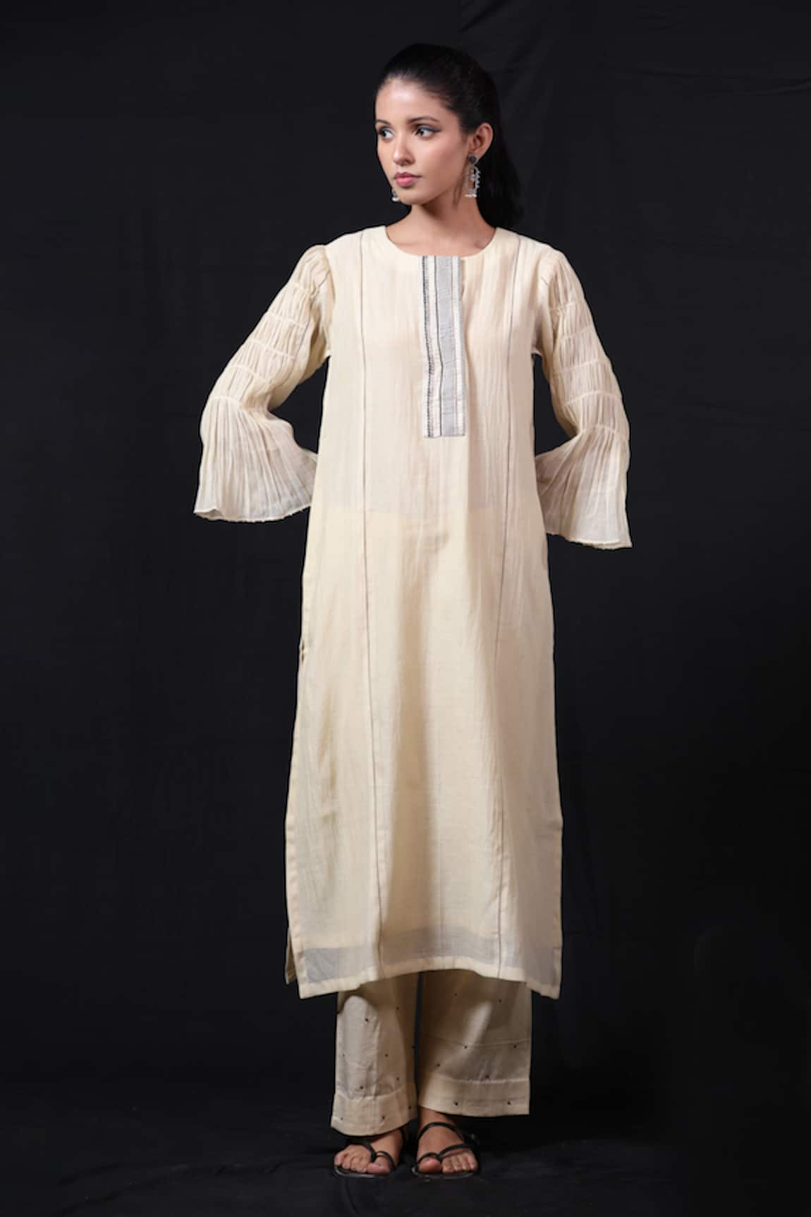 Beige Gathered Sleeve Chanderi Kurta & Pant Set