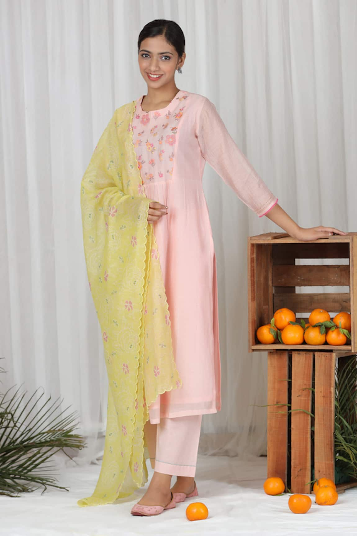 Beige Yoke Floral Embroidered Kurta Pant Set