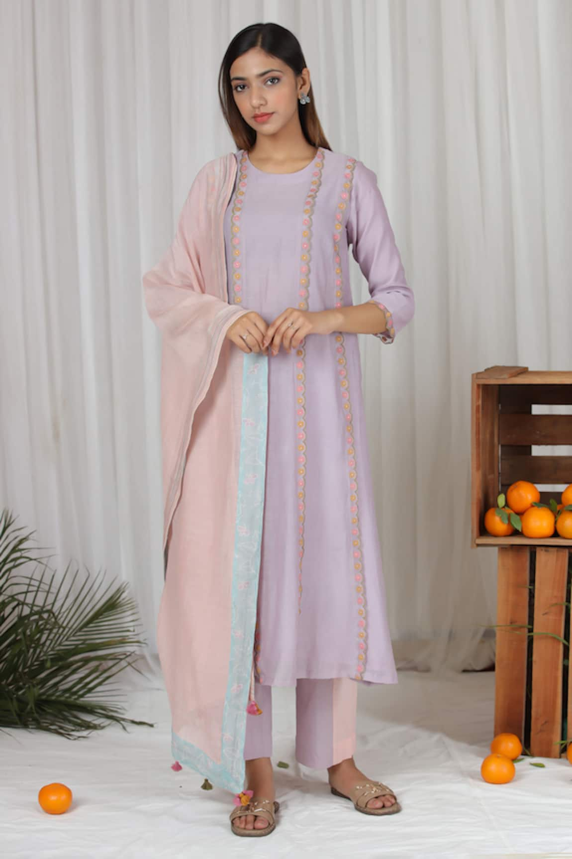 Beige Seam Floral Embroidered Kurta Pant Set