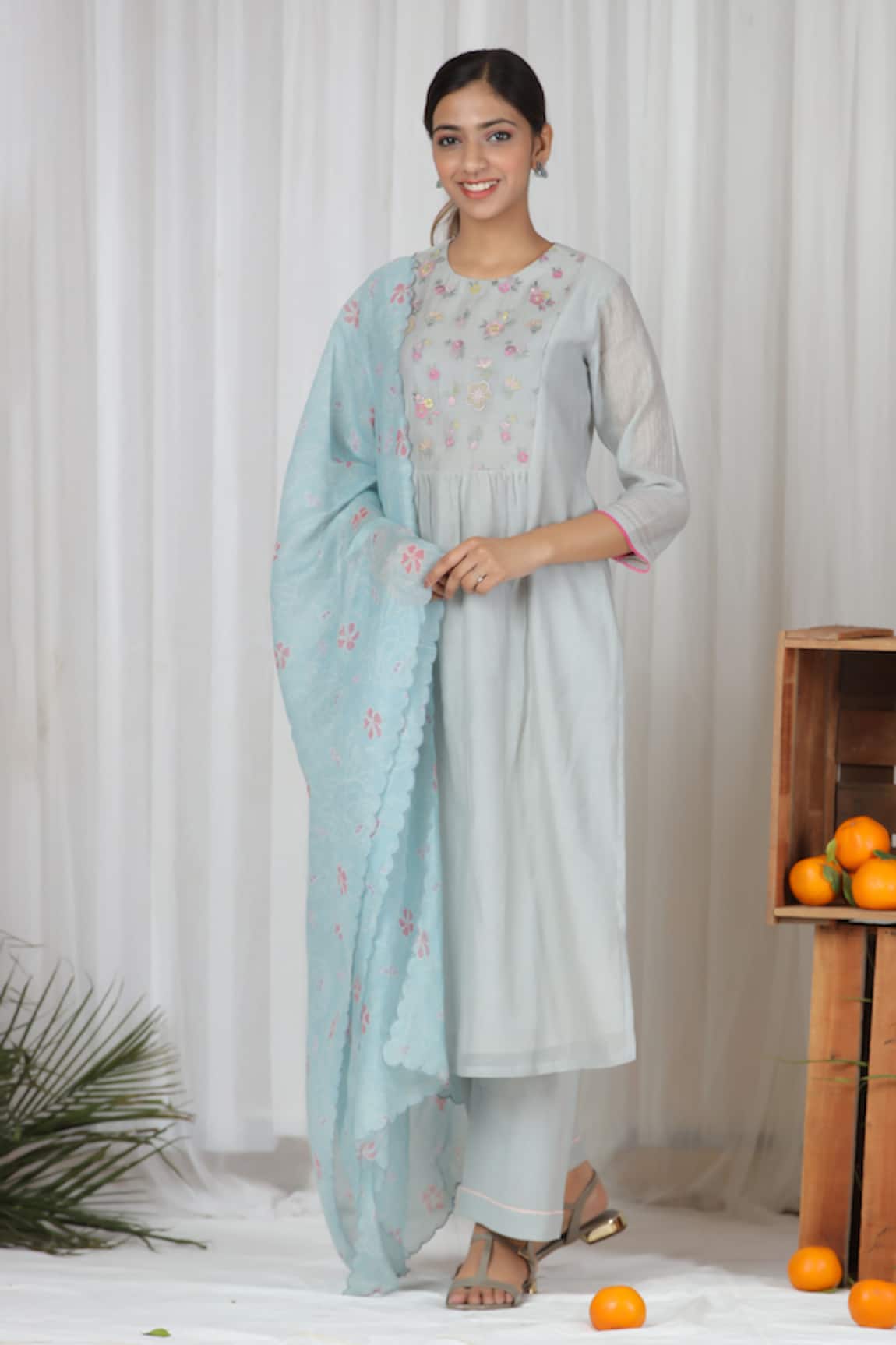 Beige Yoke Embroidered Kurta & Pant Set