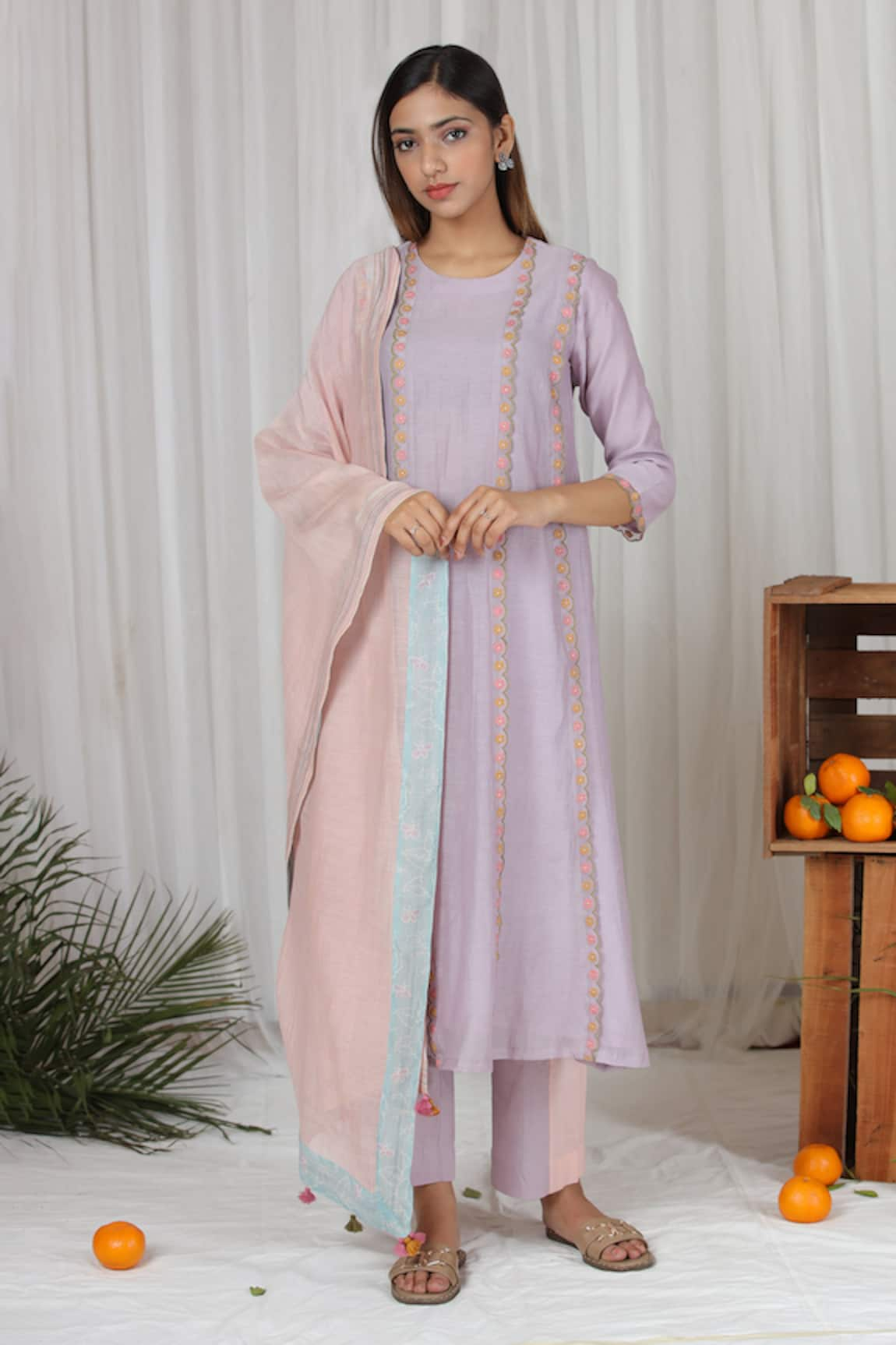 Beige Seam Floral Embroidered Kurta & Pant Set