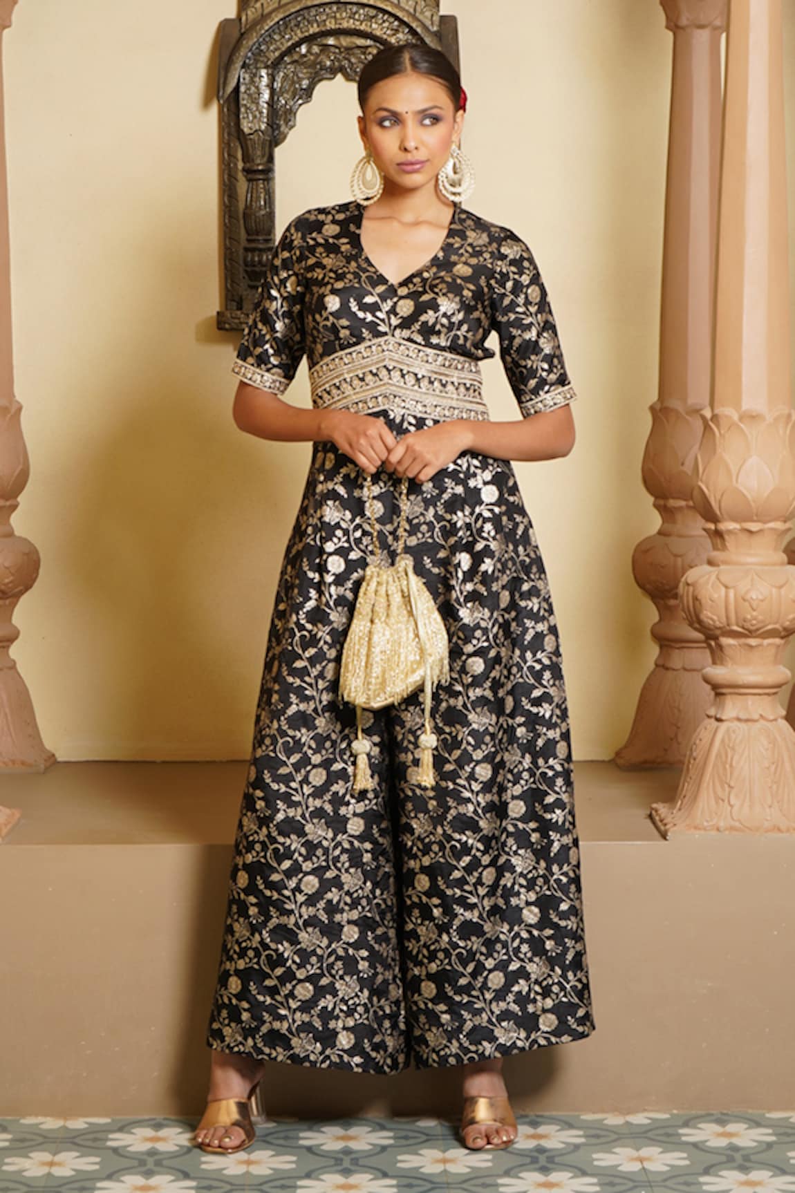 Monk & Mei Tehzeeb Mughal Garden Woven Brocade Jumpsuit