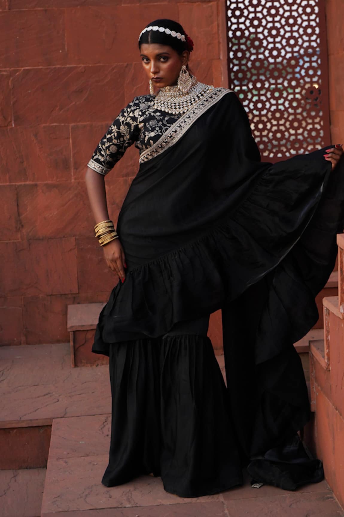 Monk & Mei Uzma Zari Border Pre-Draped Ruffle Saree With Brocade Blouse