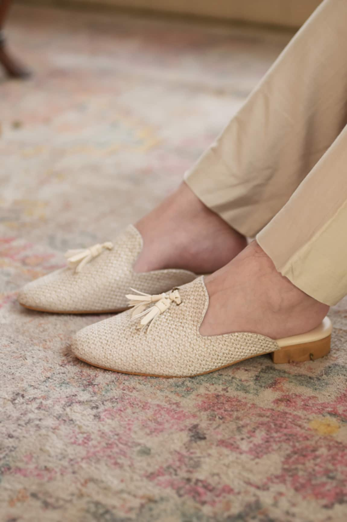 Coral Haze Zephyr Loop Weave Pattern Tasseled Mules