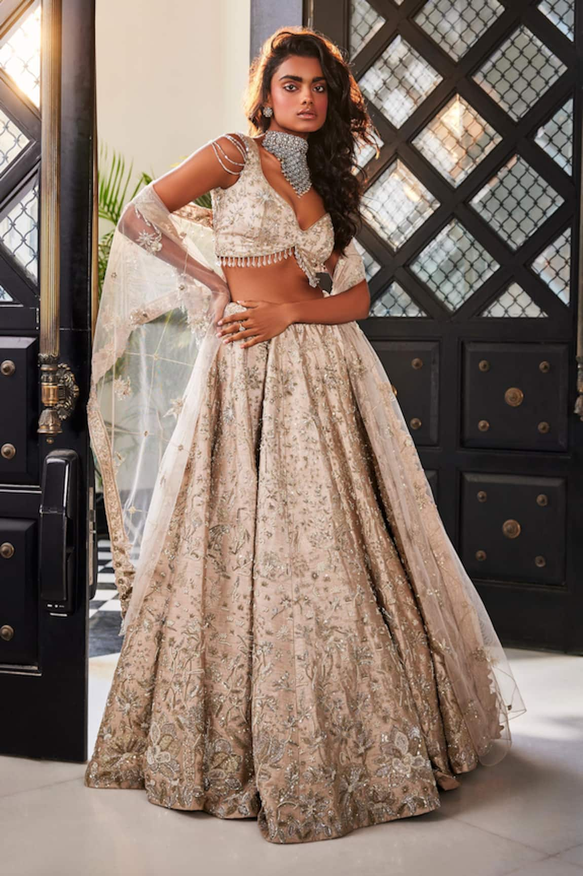 Kalighata Bouquet Floral Hand Embroidered Bridal Lehenga Set