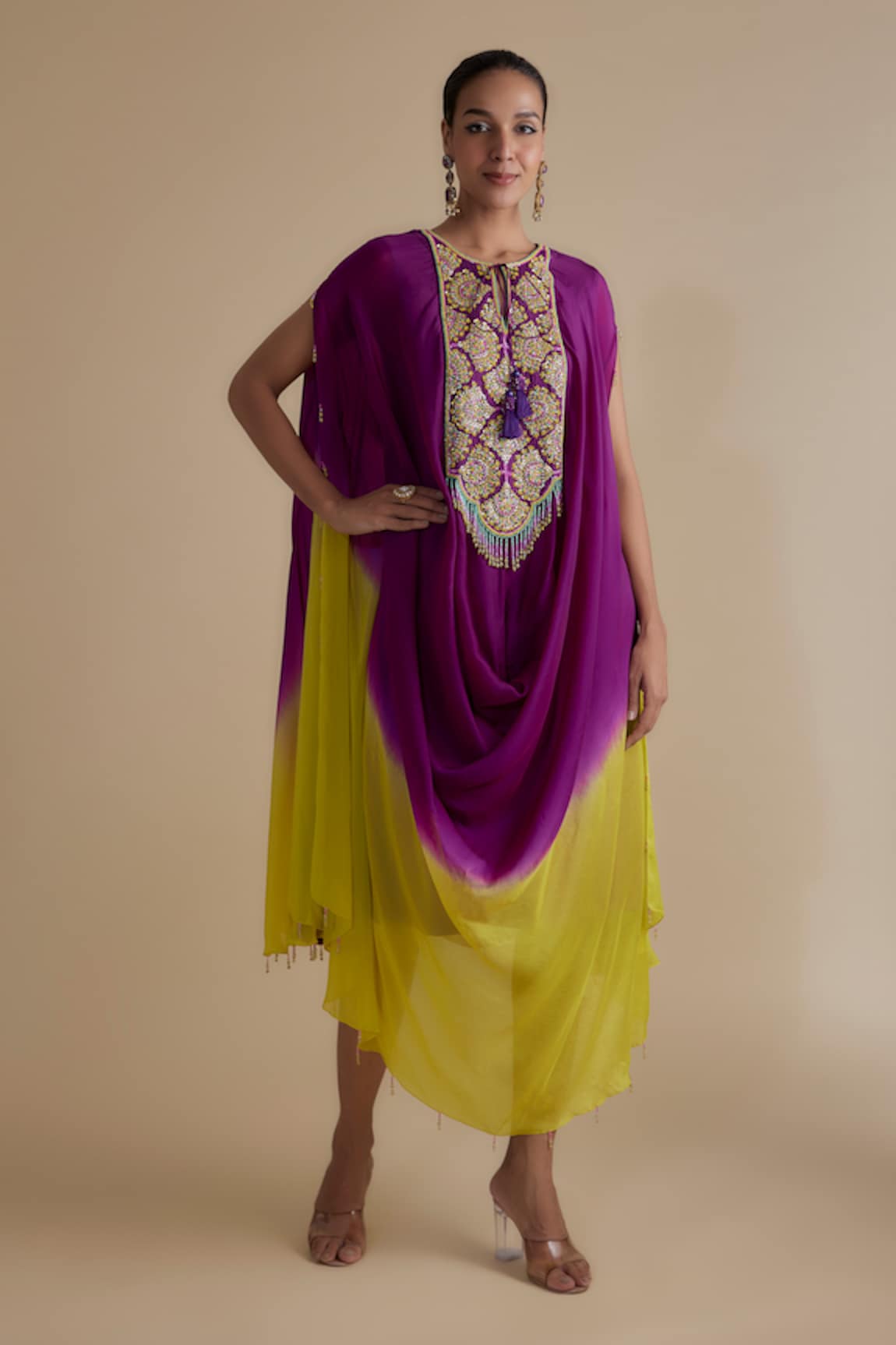 Keith Gomes Sequin Embroidered Ombre Kaftan Dress