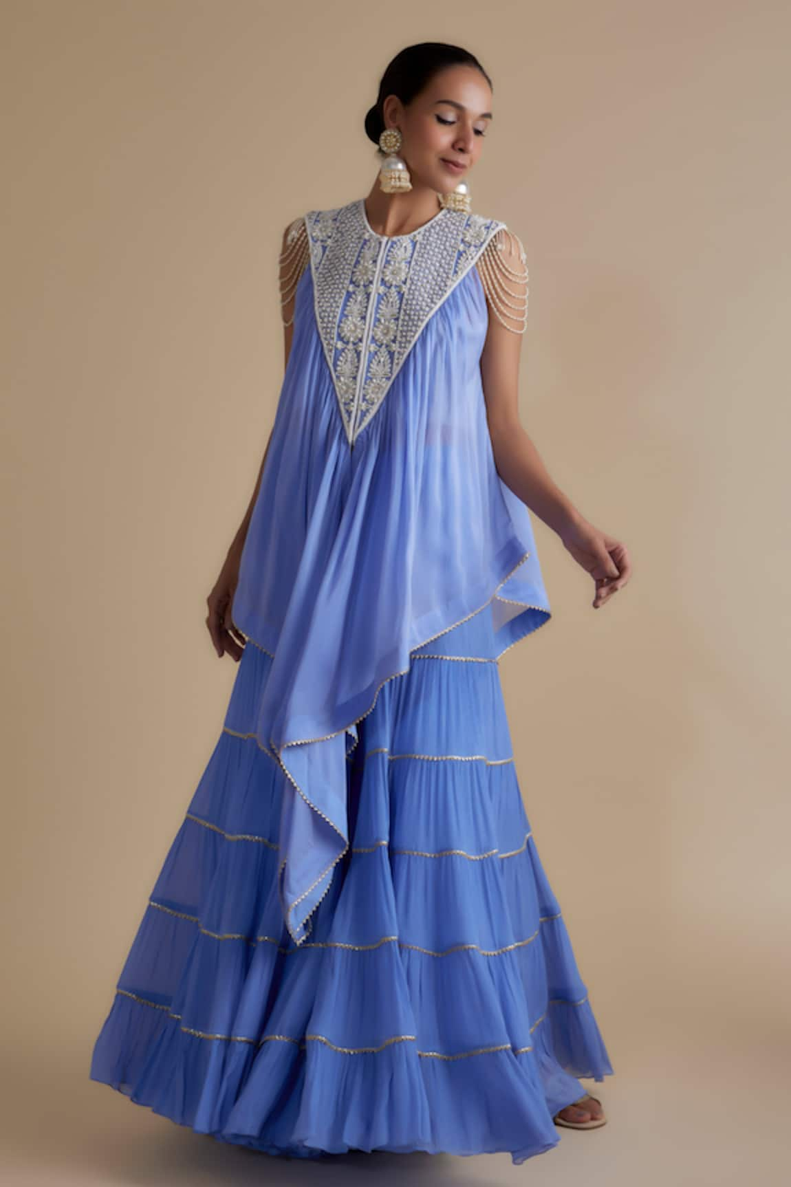 Keith Gomes Pearl Embroidered Kurta & Tiered Palazzo Set